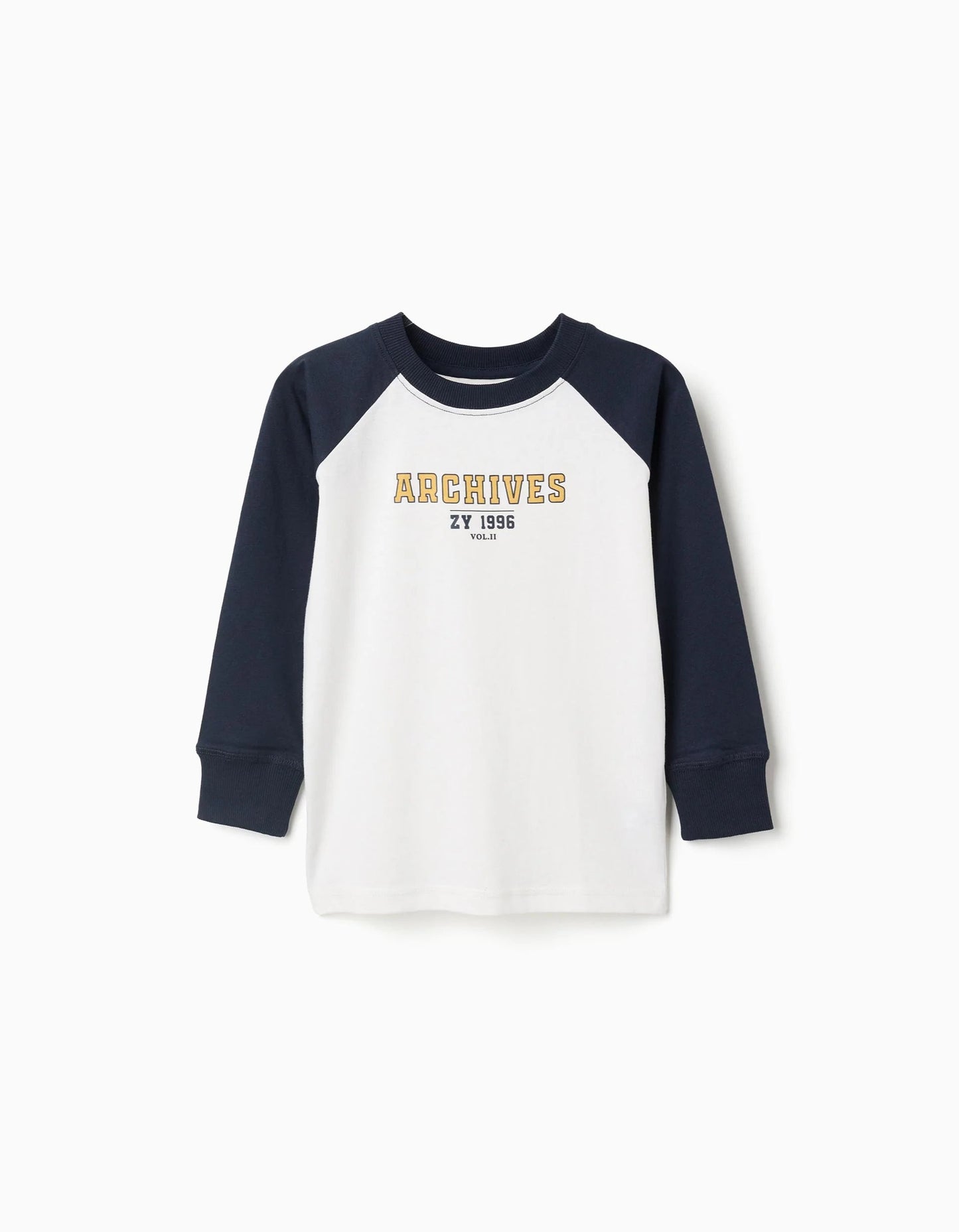 Long Sleeve Cotton T-shirt for Boys, White/Dark Blue