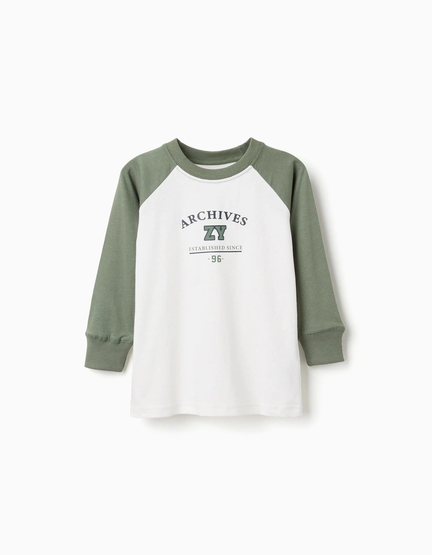 Long Sleeve Cotton T-shirt for Boys, White/Green
