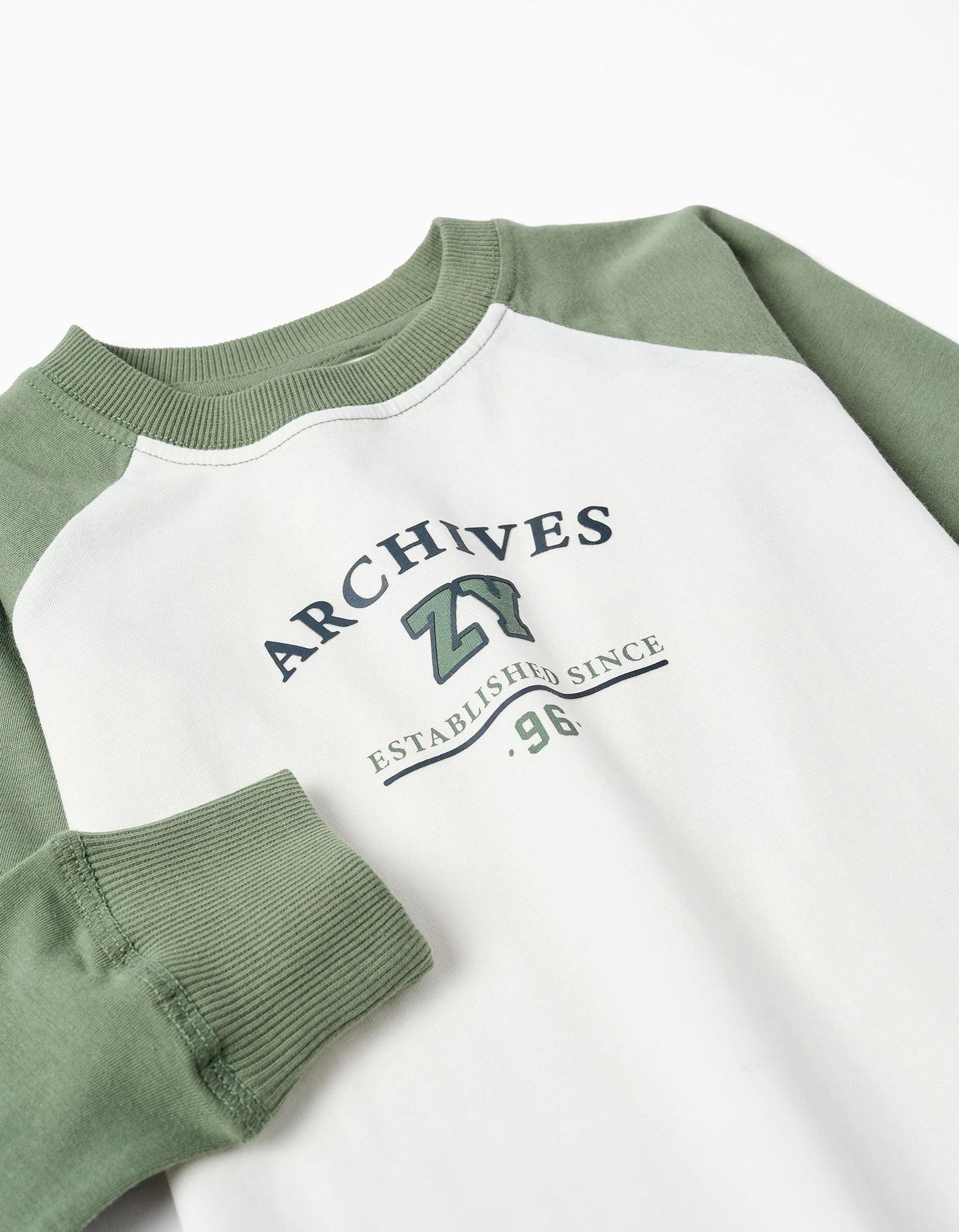 Long Sleeve Cotton T-shirt for Boys, White/Green