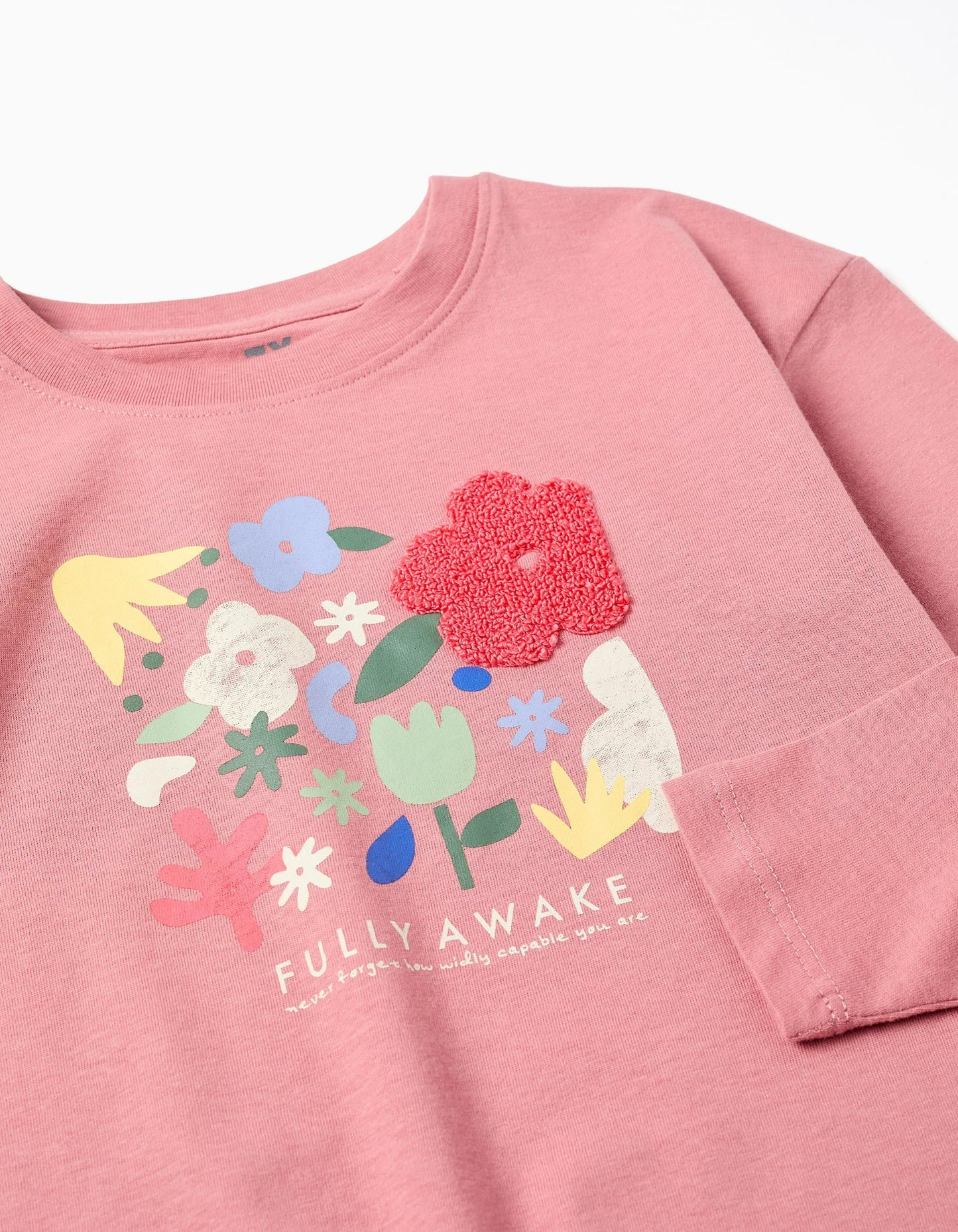 Long sleeve cotton T-shirt with 'Fully Awake' print for girls, pink
