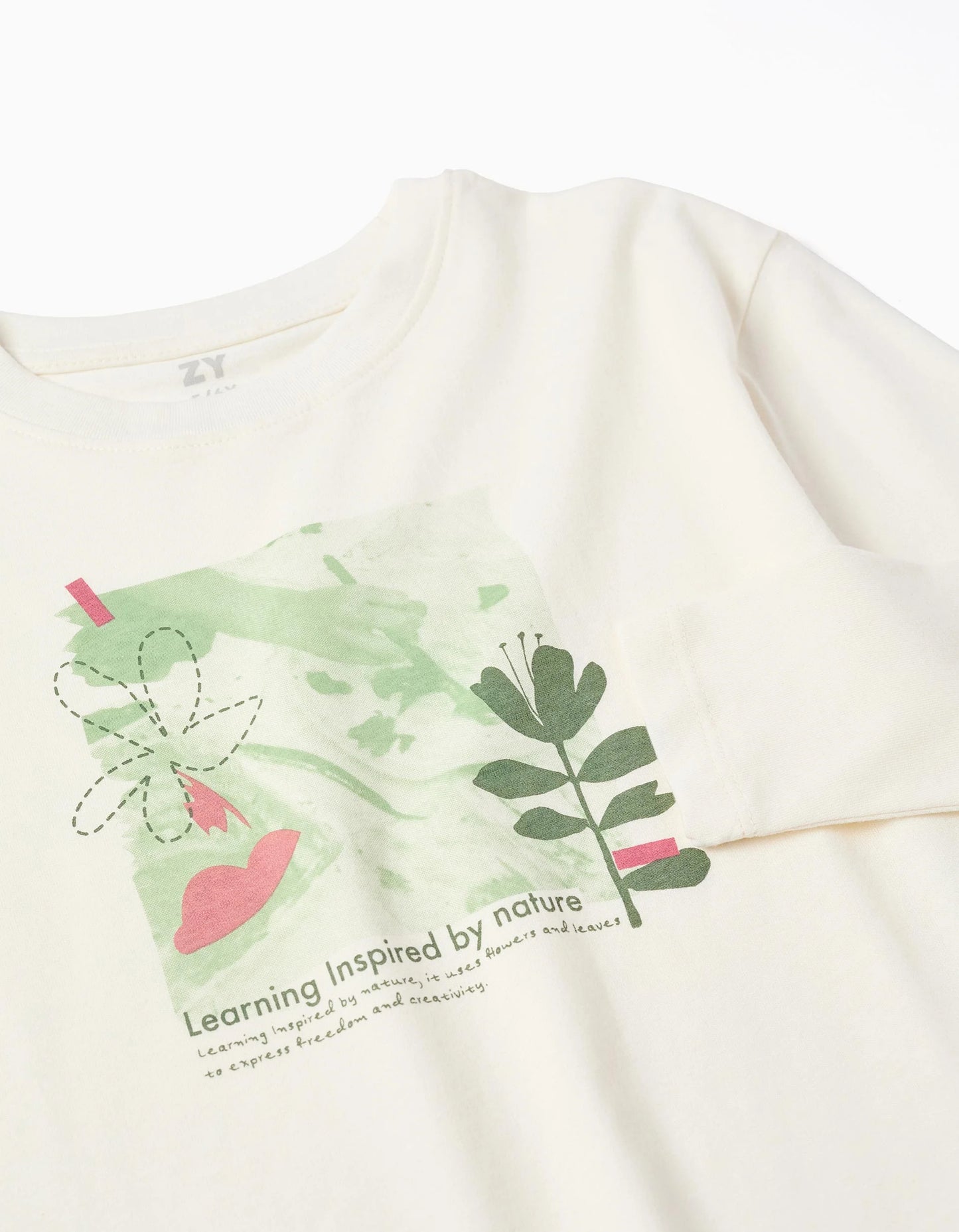 Long sleeve cotton T-shirt with 'Nature' print for girls, white