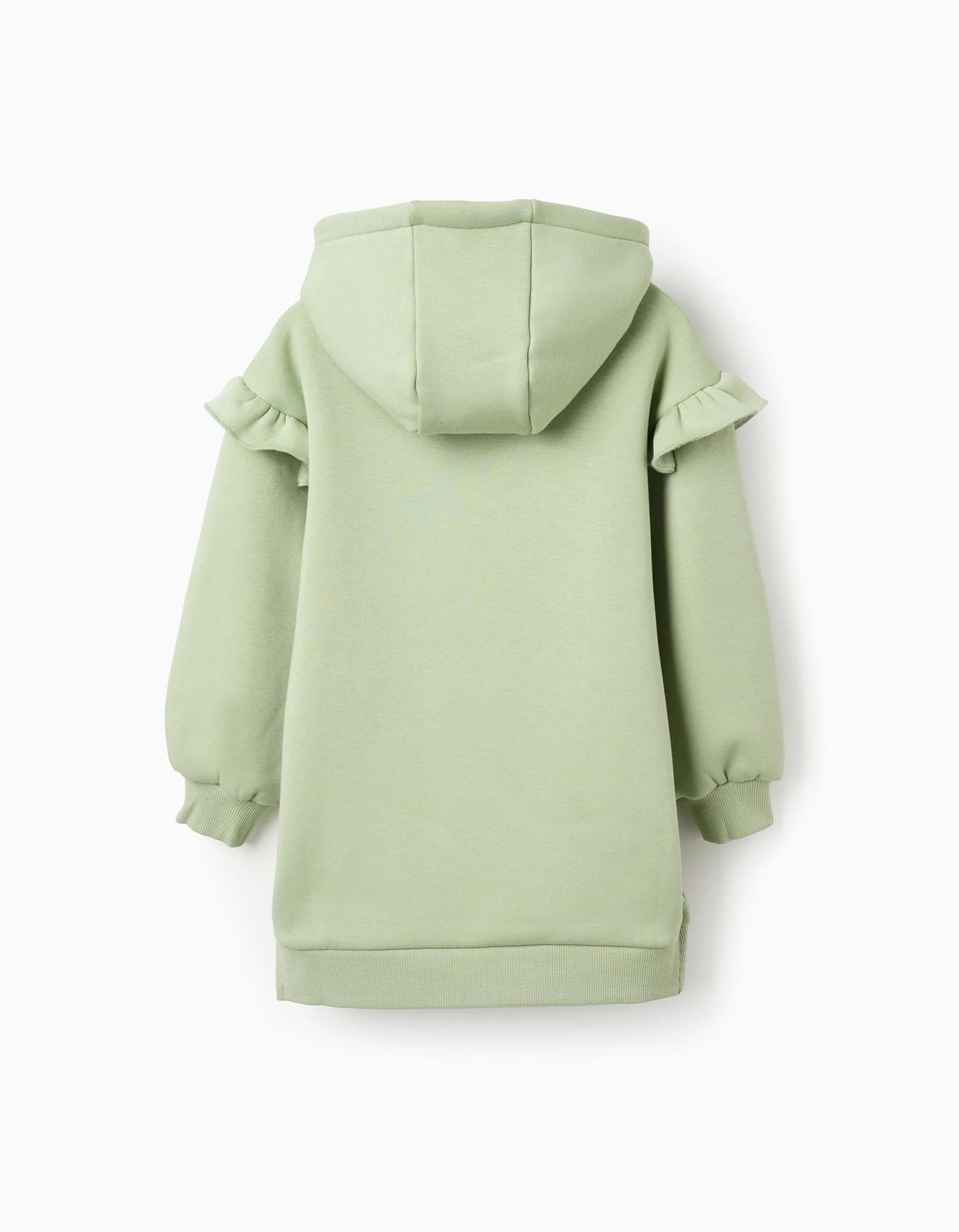 Brushed hooded dress with ruffles and print for girls, light green