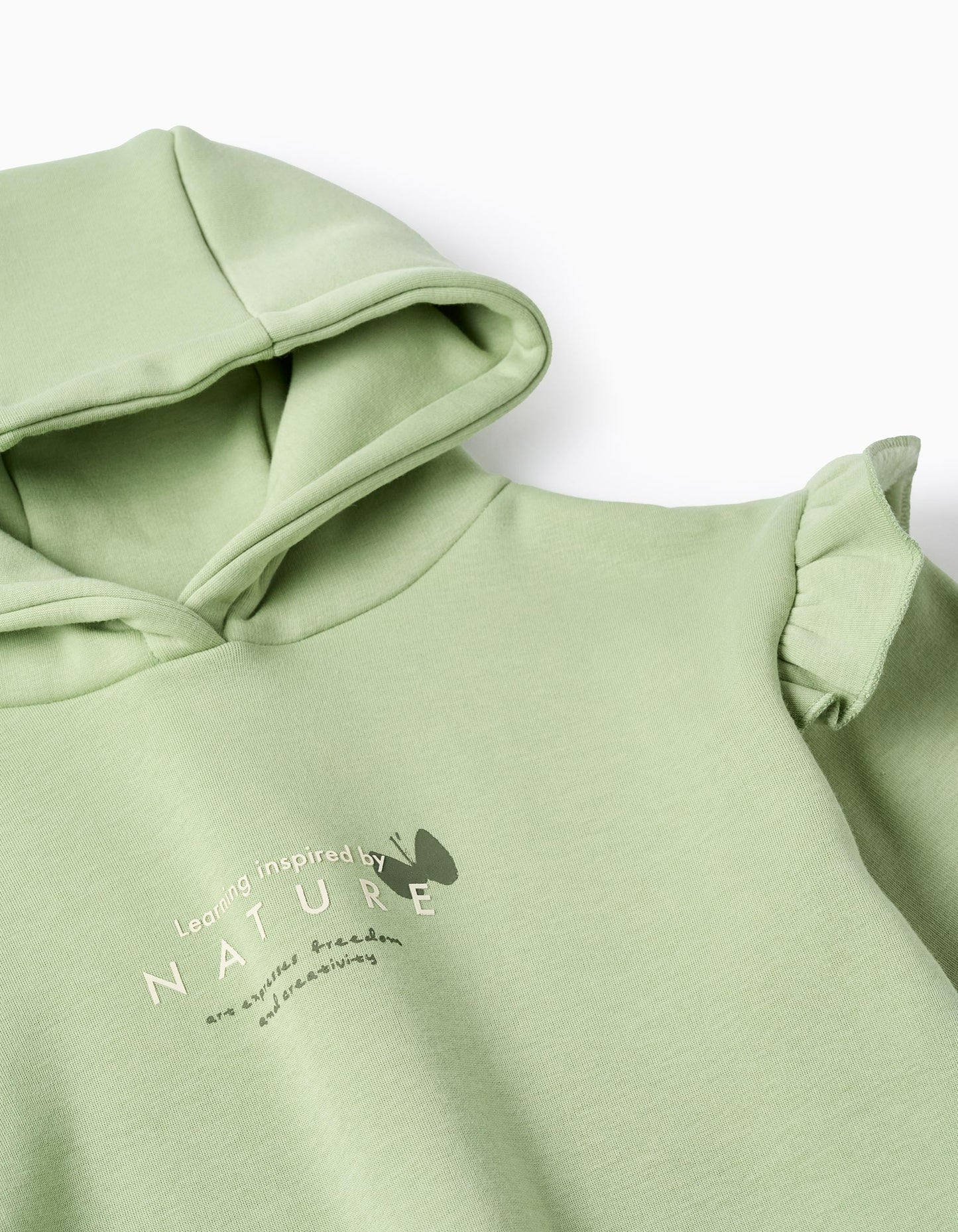 Brushed hooded dress with ruffles and print for girls, light green