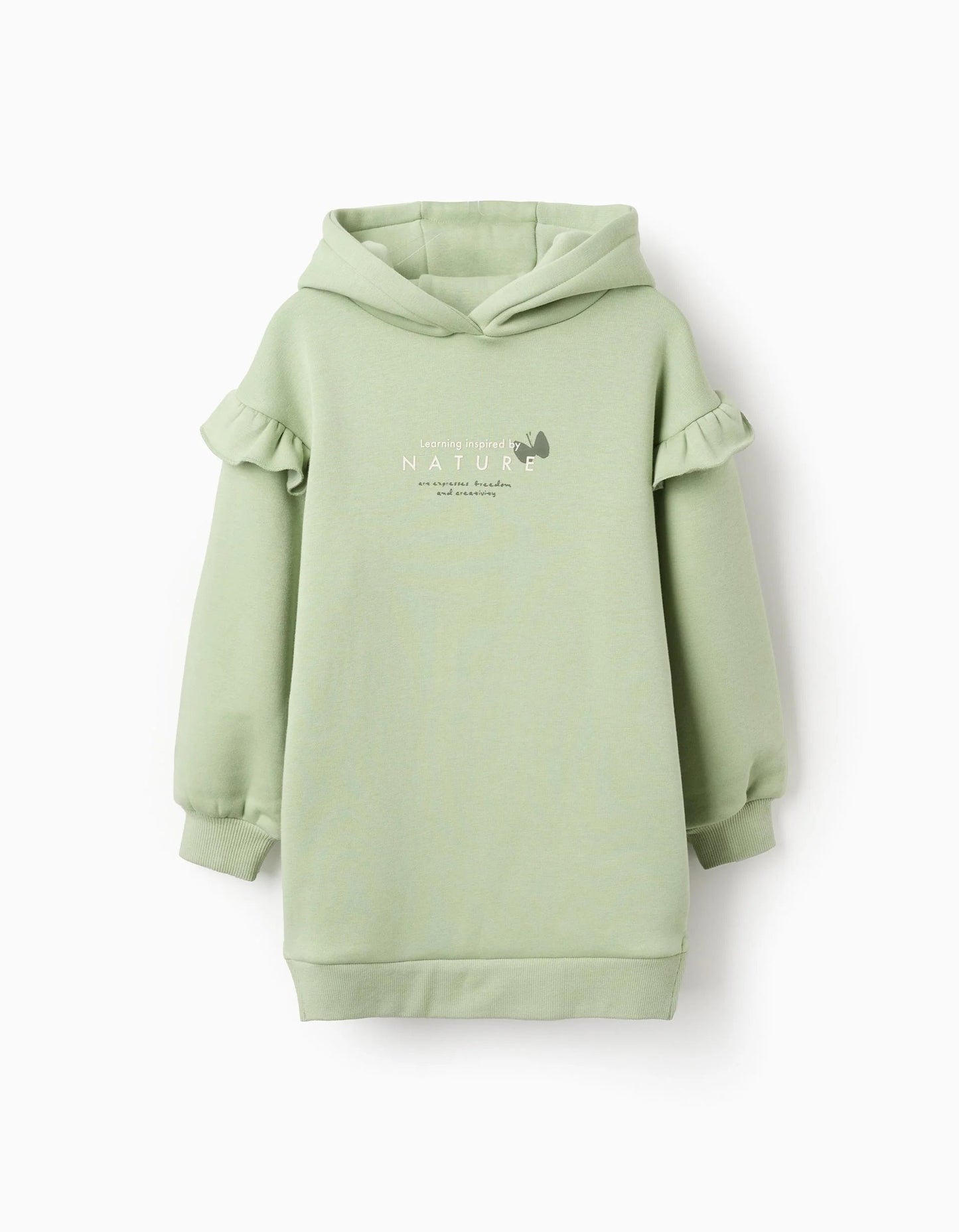 Brushed hooded dress with ruffles and print for girls, light green