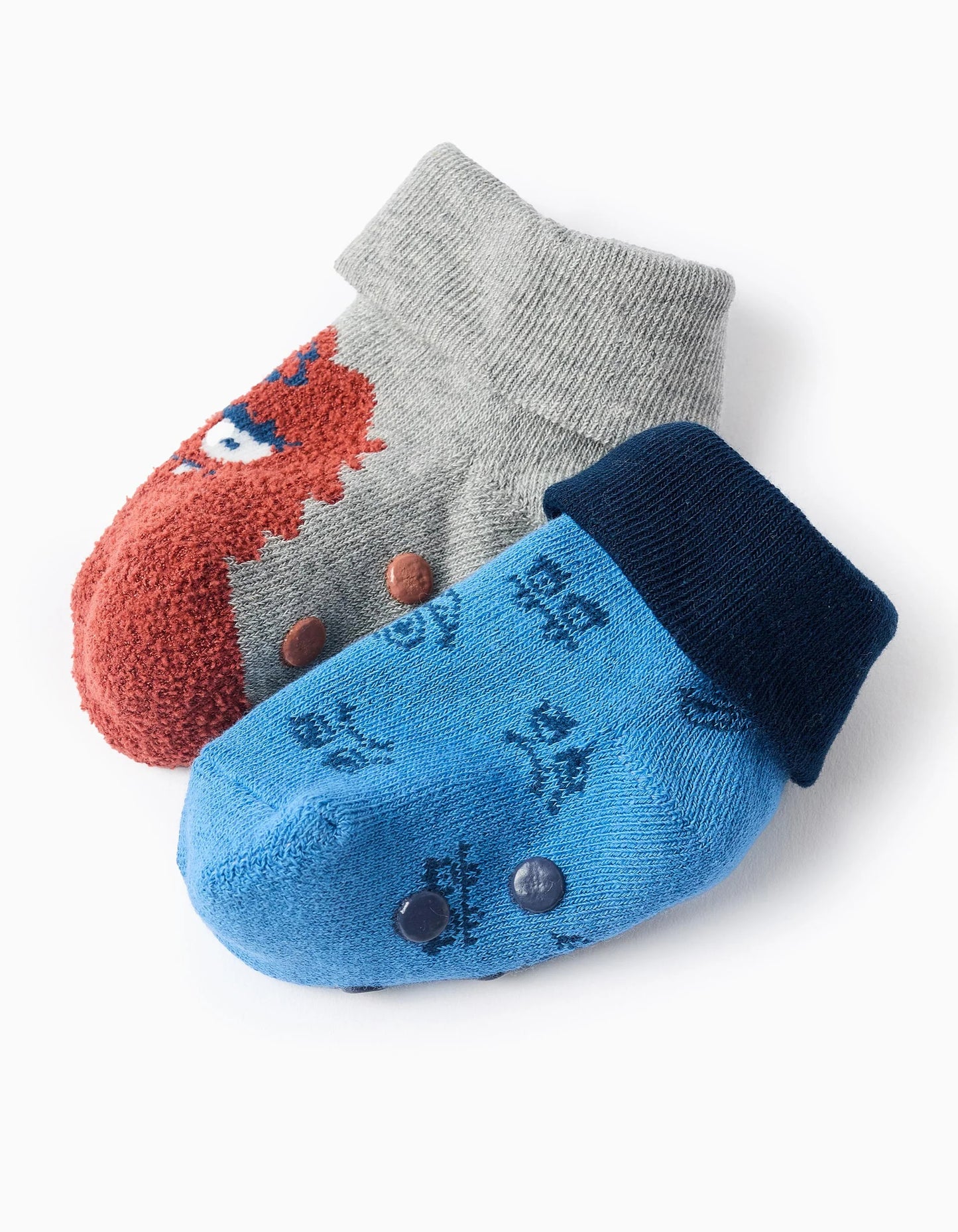 Pack 2 Pairs of Non-slip Socks for Babies 'Monsters', Blue/Grey