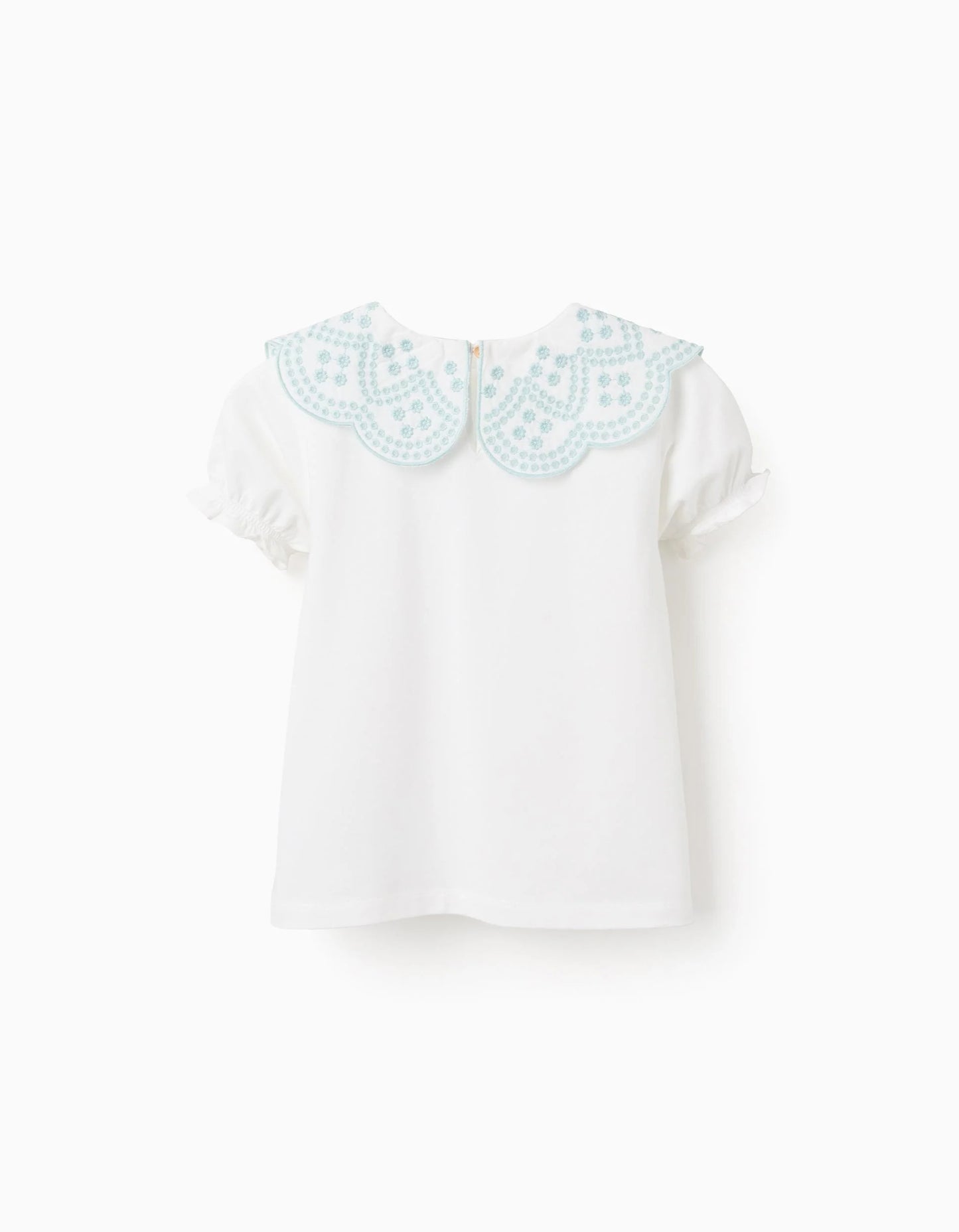 T-shirt with English Embroidery Collar for Girls, White/Aqua Green