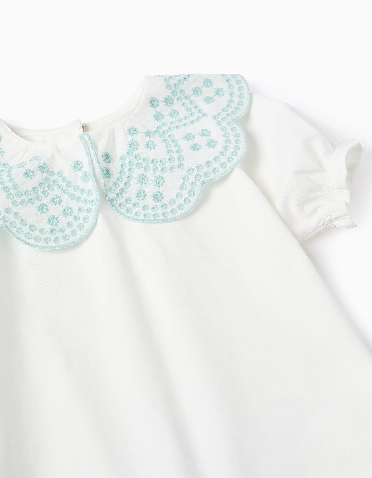 T-shirt with English Embroidery Collar for Girls, White/Aqua Green