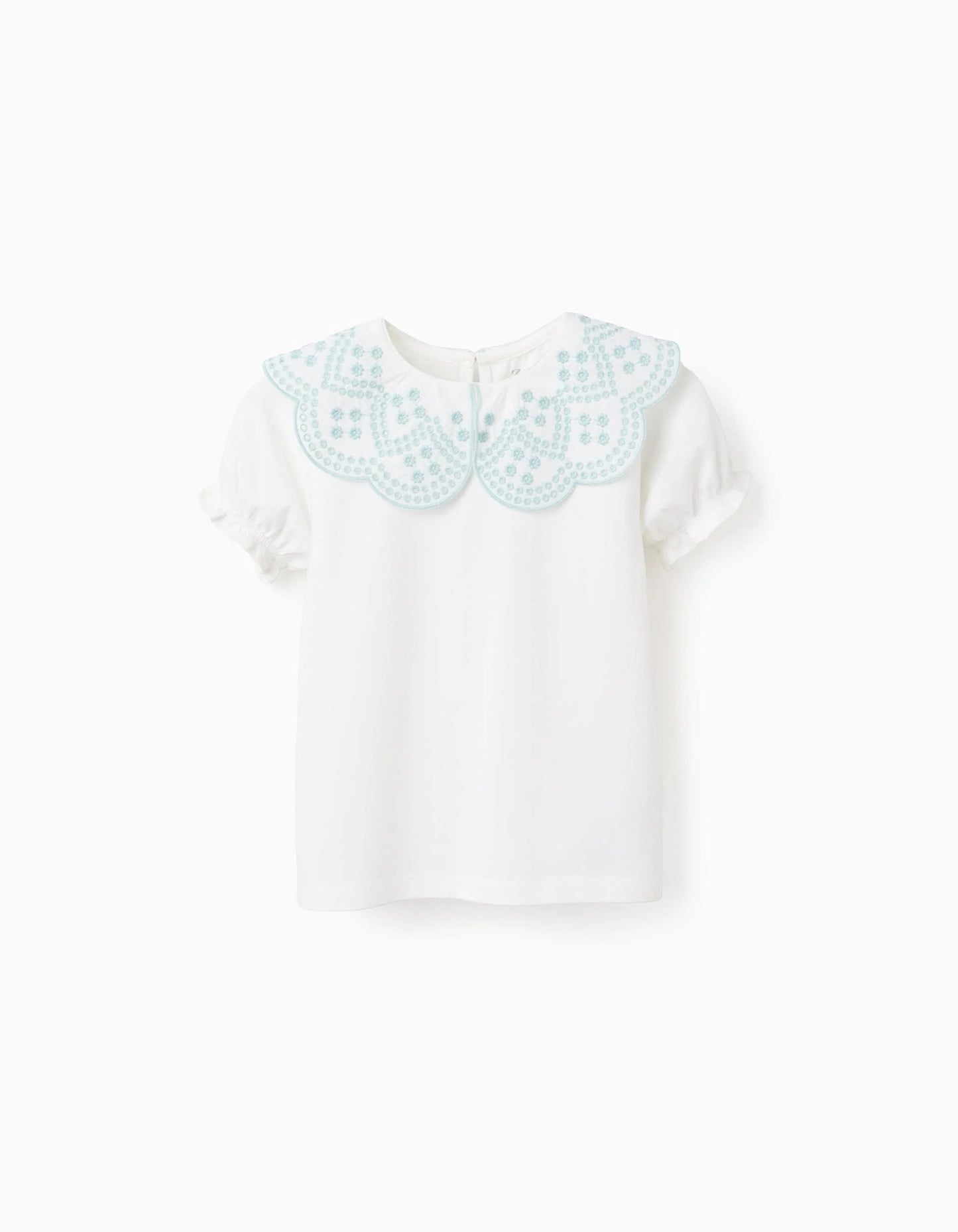 T-shirt with English Embroidery Collar for Girls, White/Aqua Green