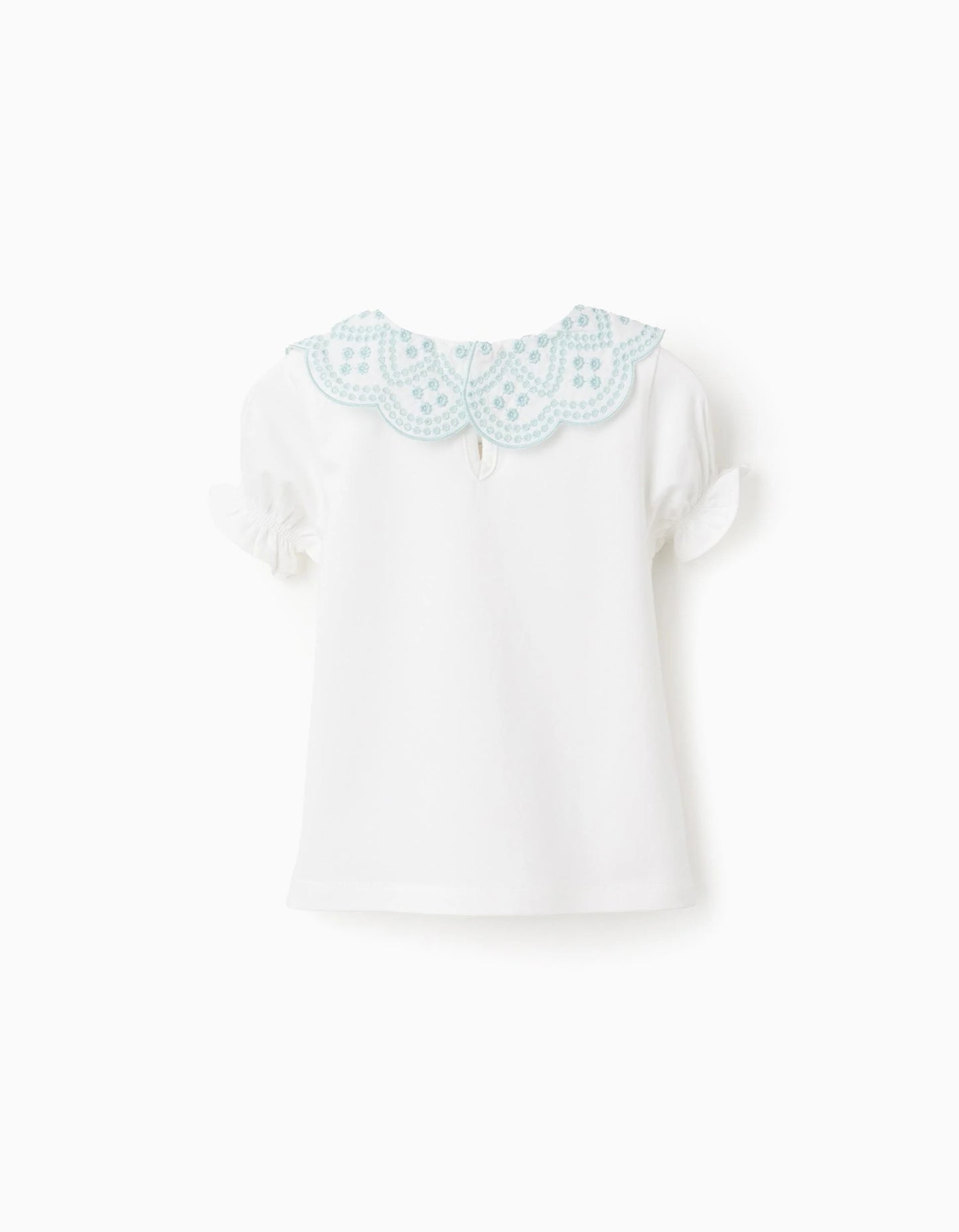 T-shirt with Broderie Anglaise Collar for Baby Girls, White/Green