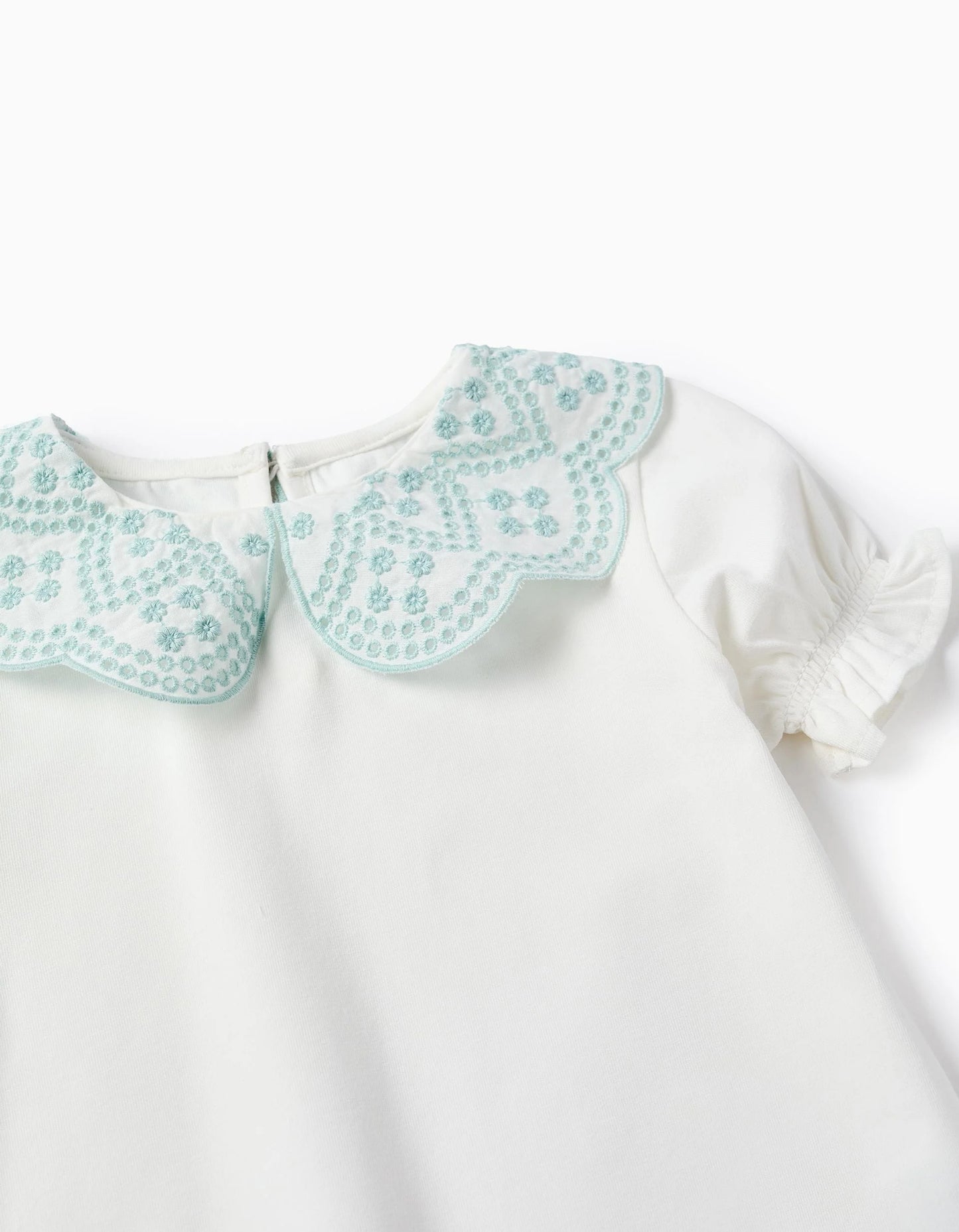 T-shirt with Broderie Anglaise Collar for Baby Girls, White/Green