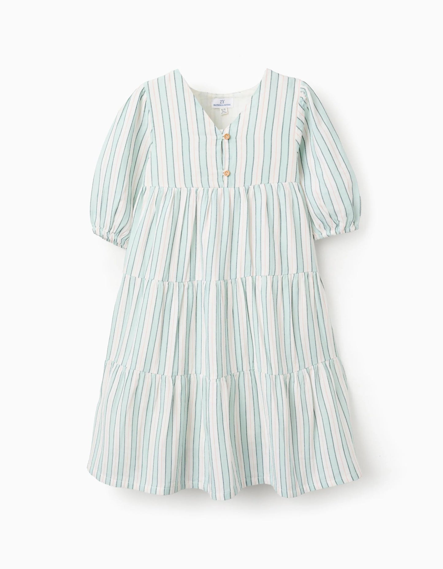Striped Cotton Dress for Girls 'B&S', Green/White/Orange
