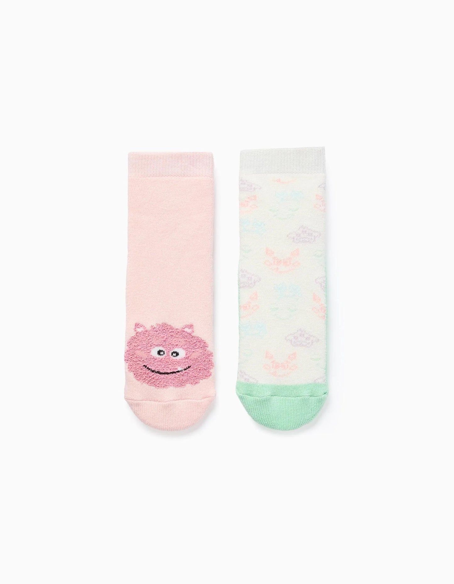 Pack of 2 Pairs of Non-slip Socks for Girls 'Monsters', Pink/White