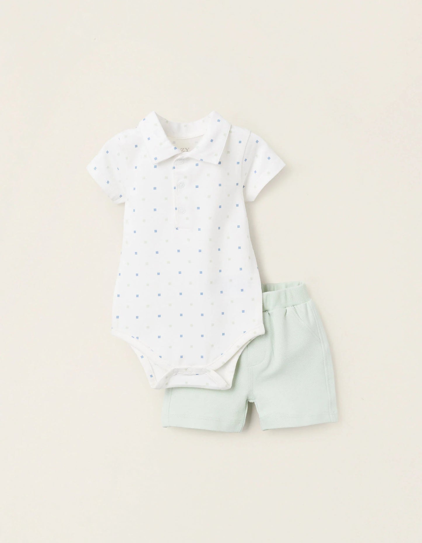 Bodysuit with Motif + Piqué Shorts for Newborns, White/Green
