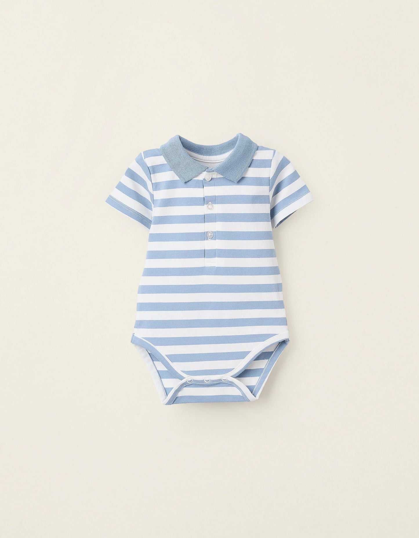 Striped Polo Bodysuit with Ribbed Collar for Newborns, White/Blue