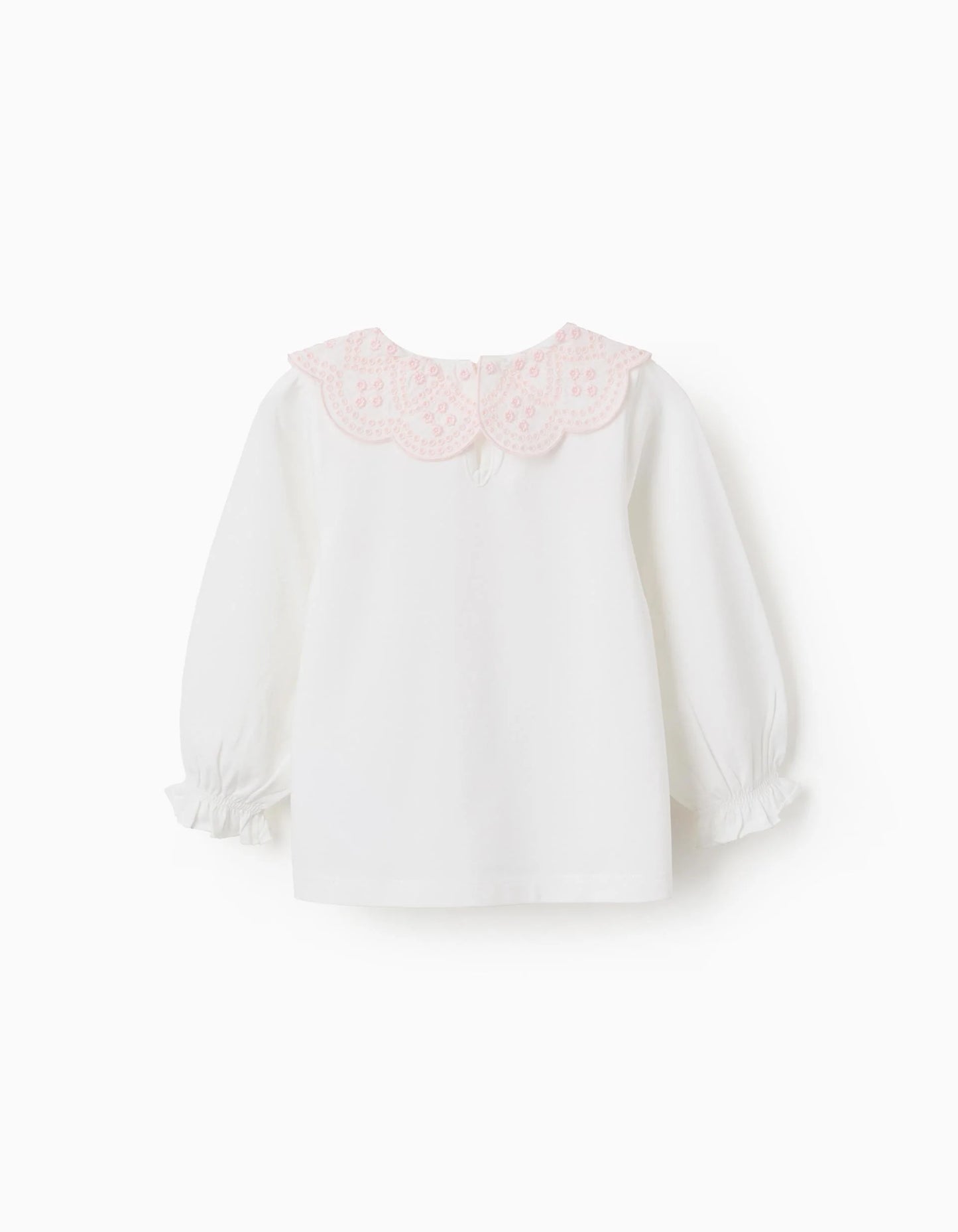T-shirt with Broderie Anglaise Collar for Baby Girls, White/Pink