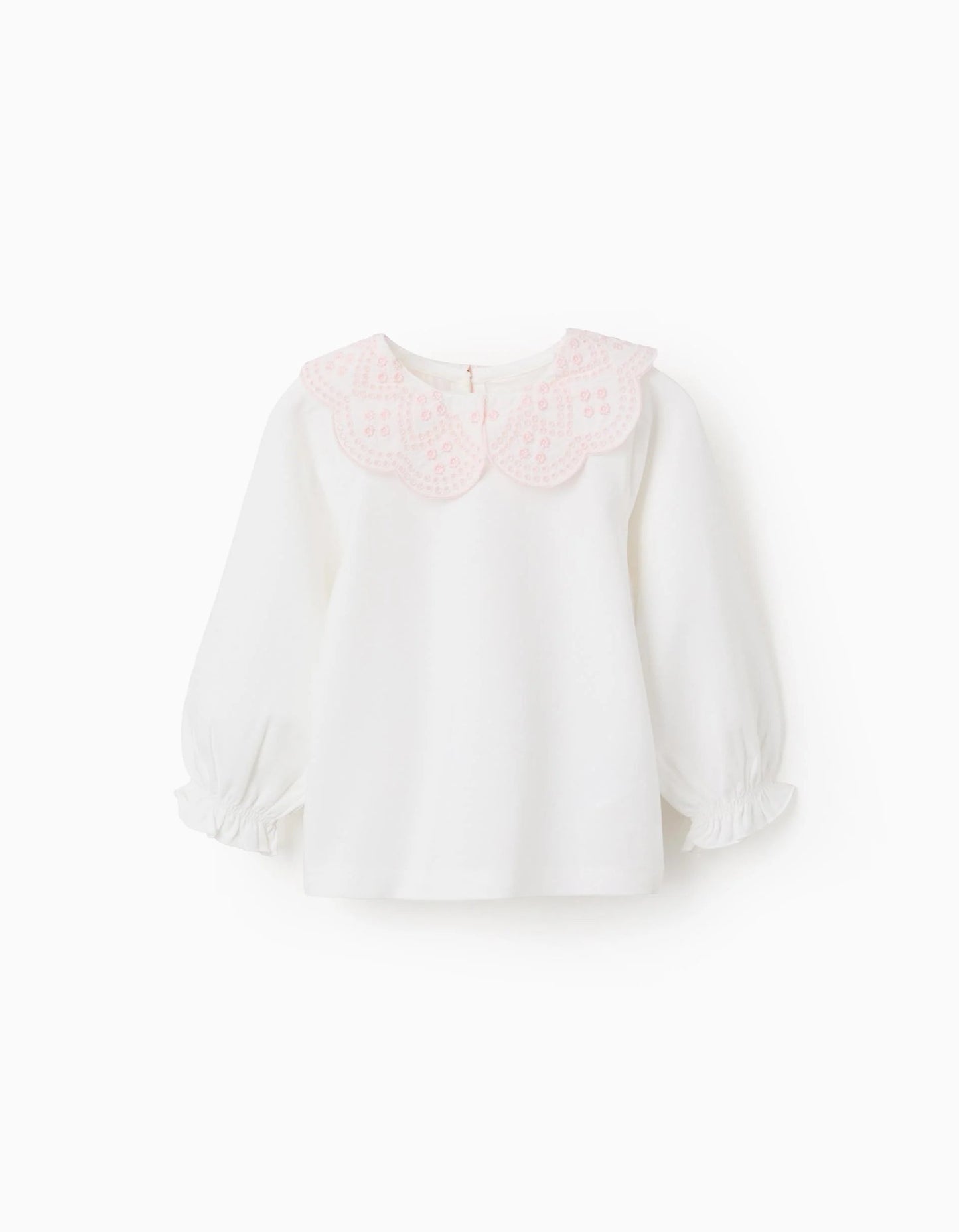 T-shirt with Broderie Anglaise Collar for Baby Girls, White/Pink