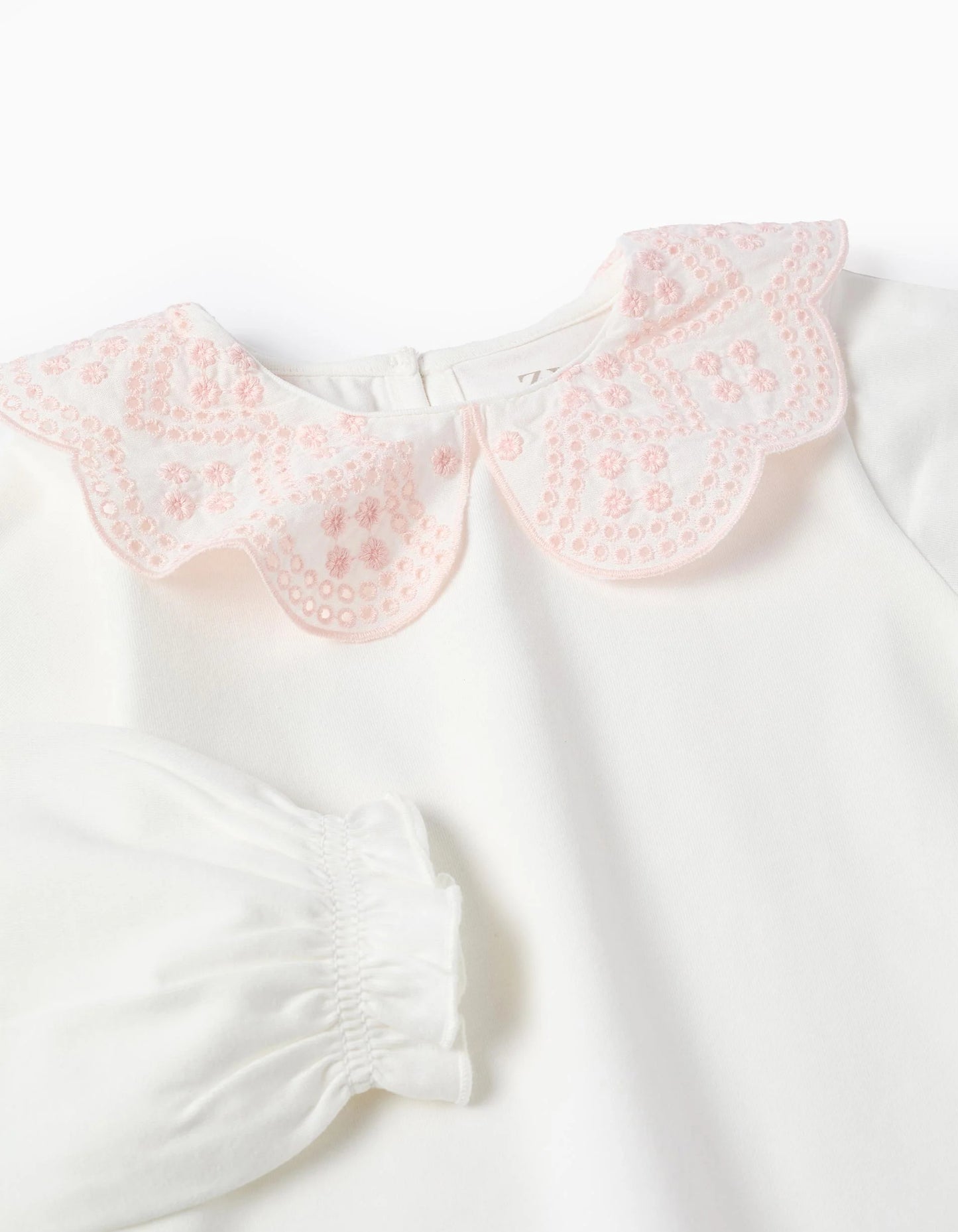 T-shirt with Broderie Anglaise Collar for Baby Girls, White/Pink