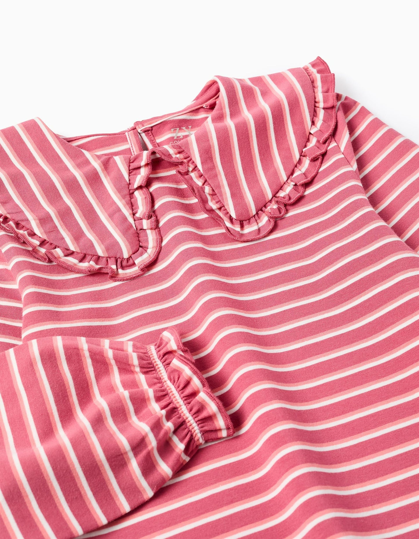 Striped T-shirt with Maxi Collar and Frill Contour for Girls, Pink/White