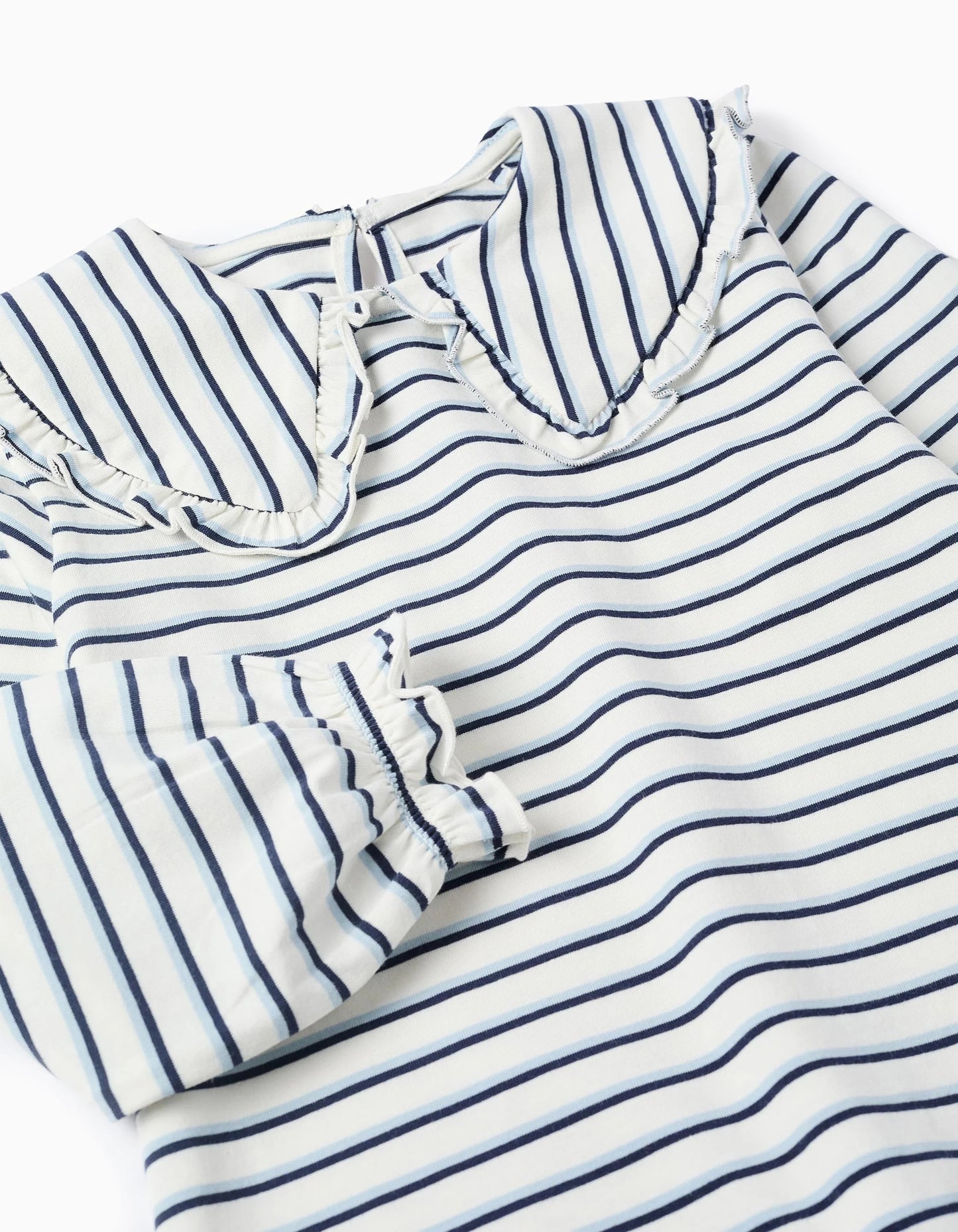 Striped T-shirt with Maxi Collar and Frill Contour for Girls, White/Blue