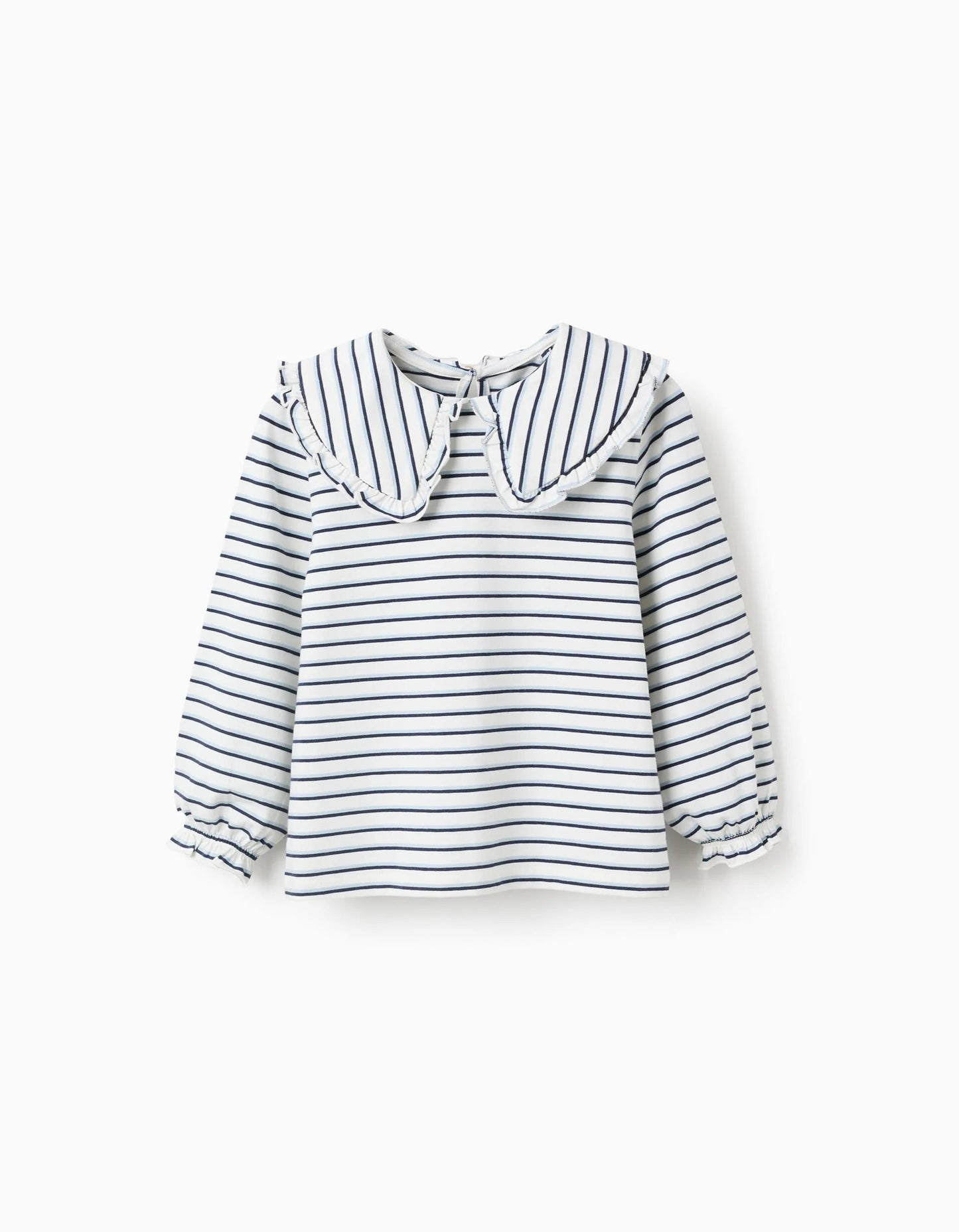 Striped T-shirt with Maxi Collar and Frill Contour for Girls, White/Blue
