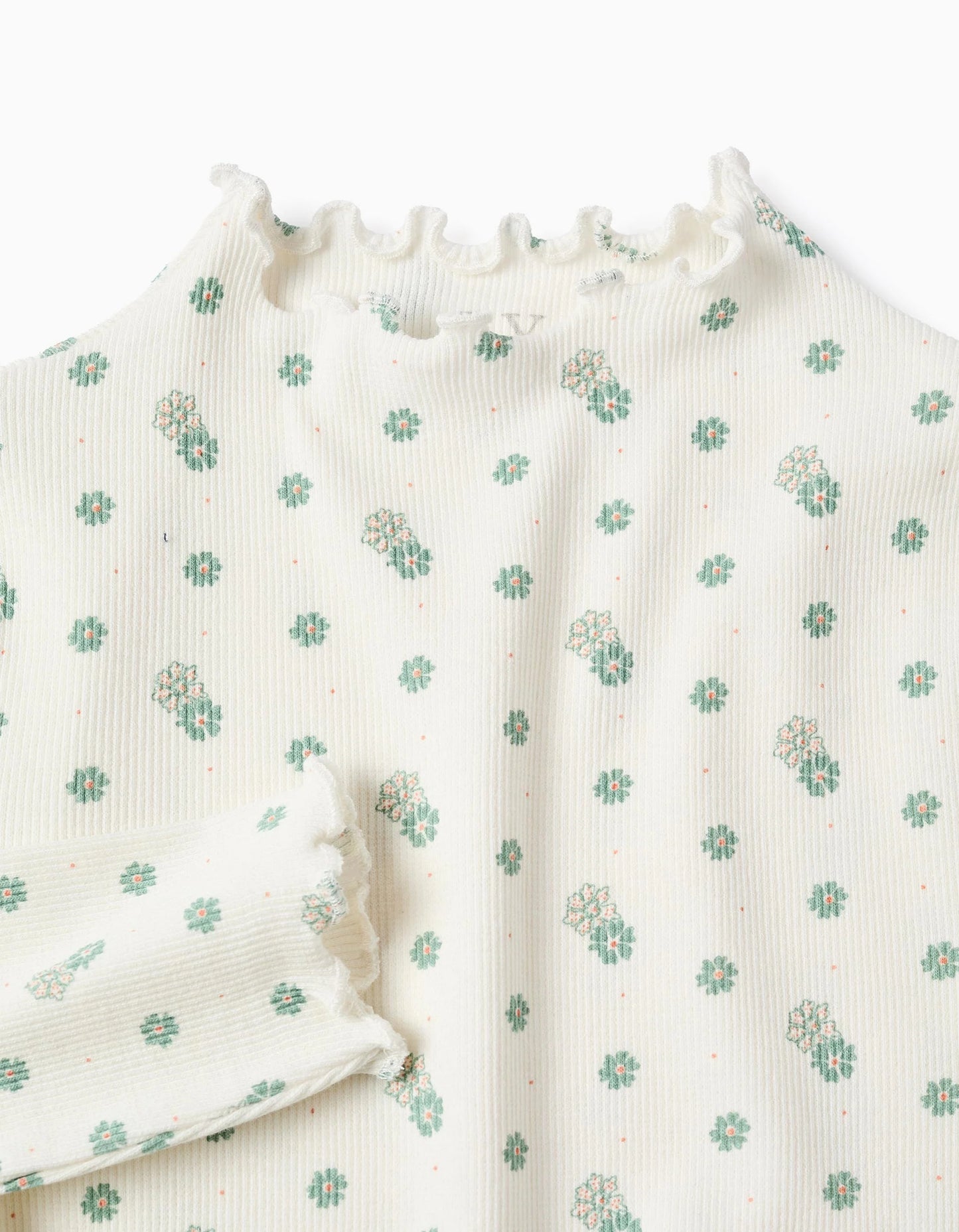 Long Sleeve Ribbed T-shirt with Floral Motif for Girls, White