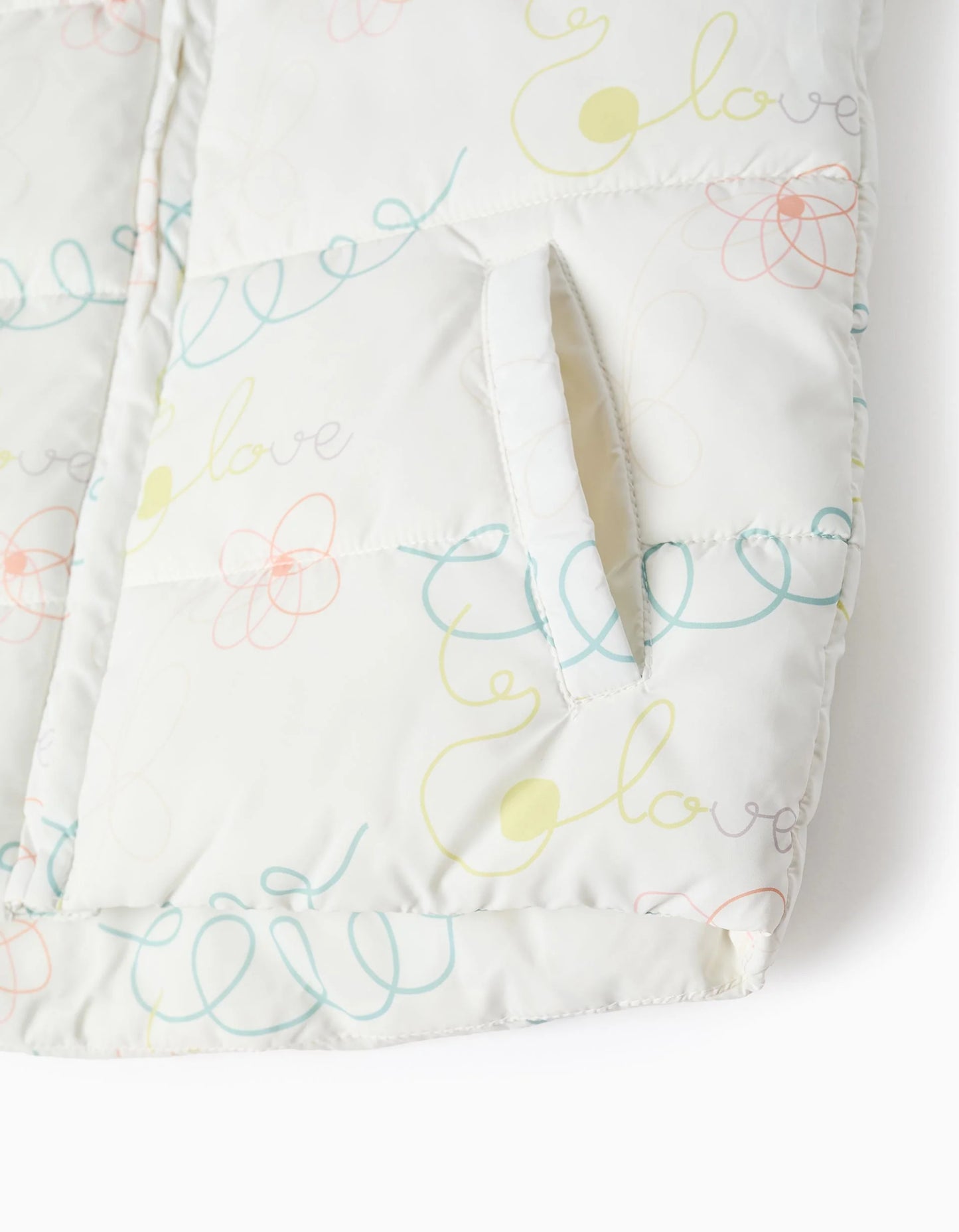 Padded Vest with Hood and Motif for Girls 'Love', White