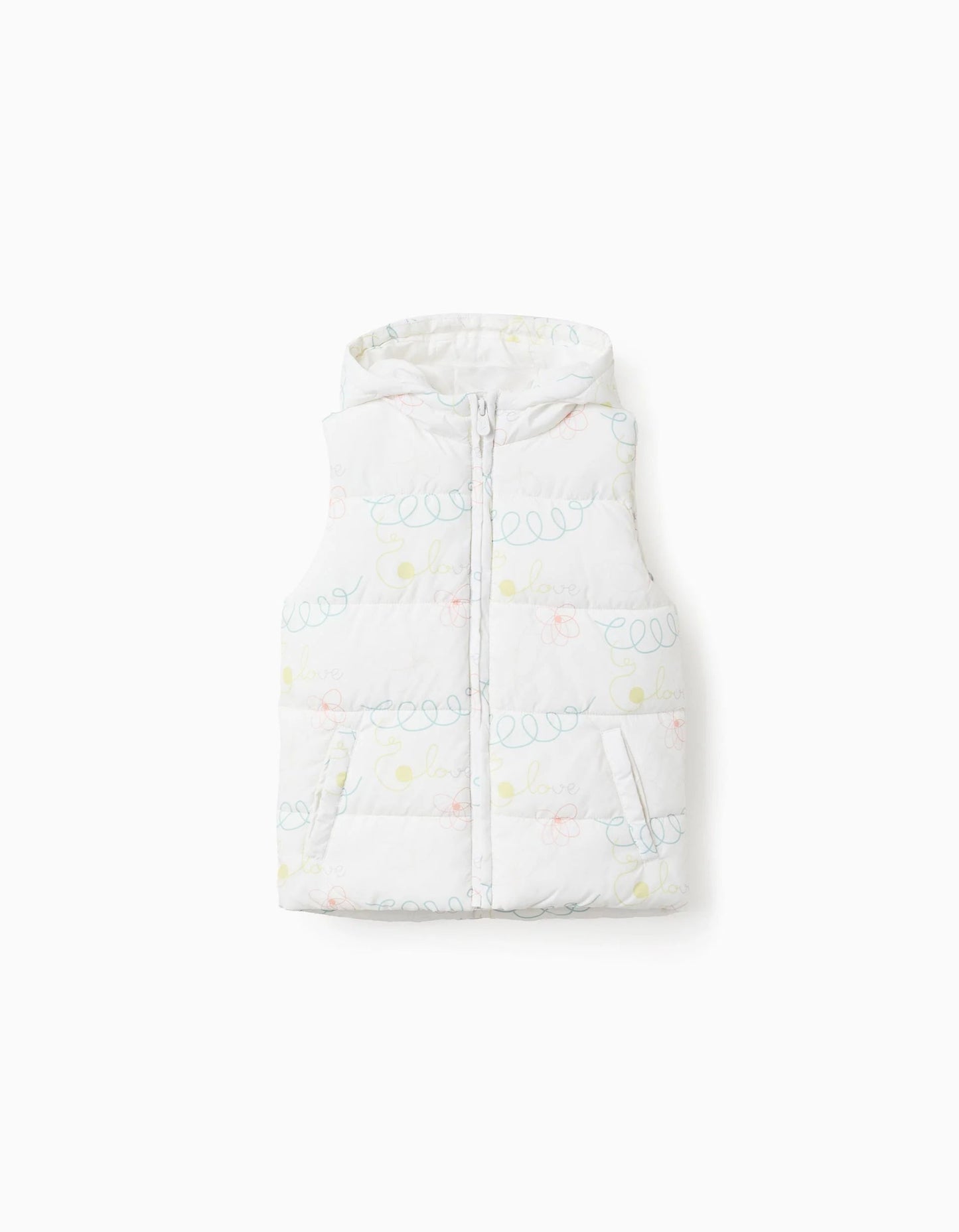 Padded Vest with Hood and Motif for Girls 'Love', White