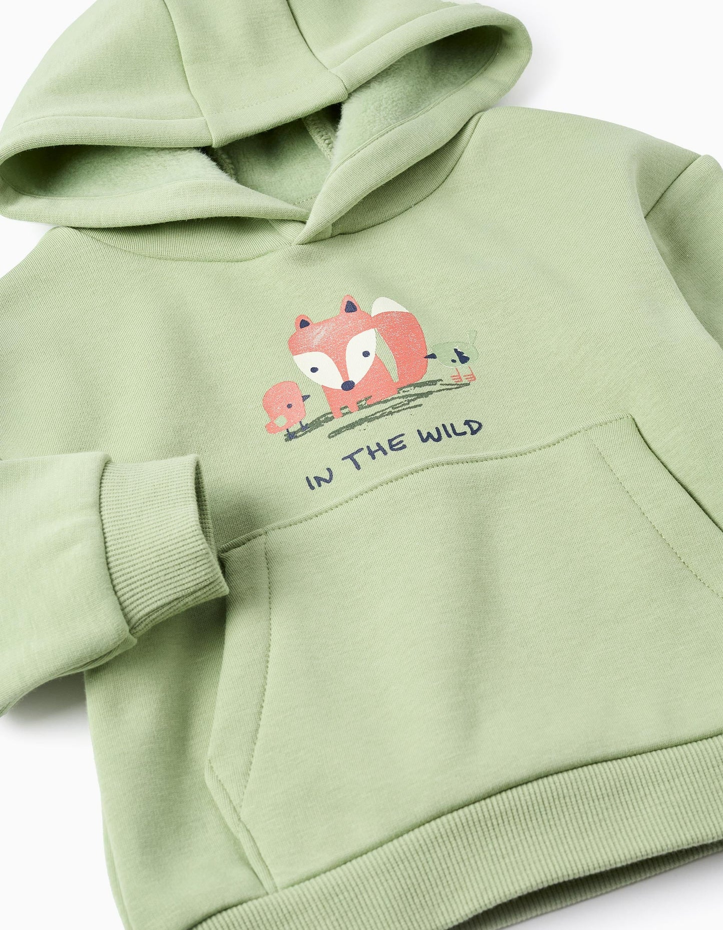 Brushed hooded sweatshirt with fox print for baby boys, light green