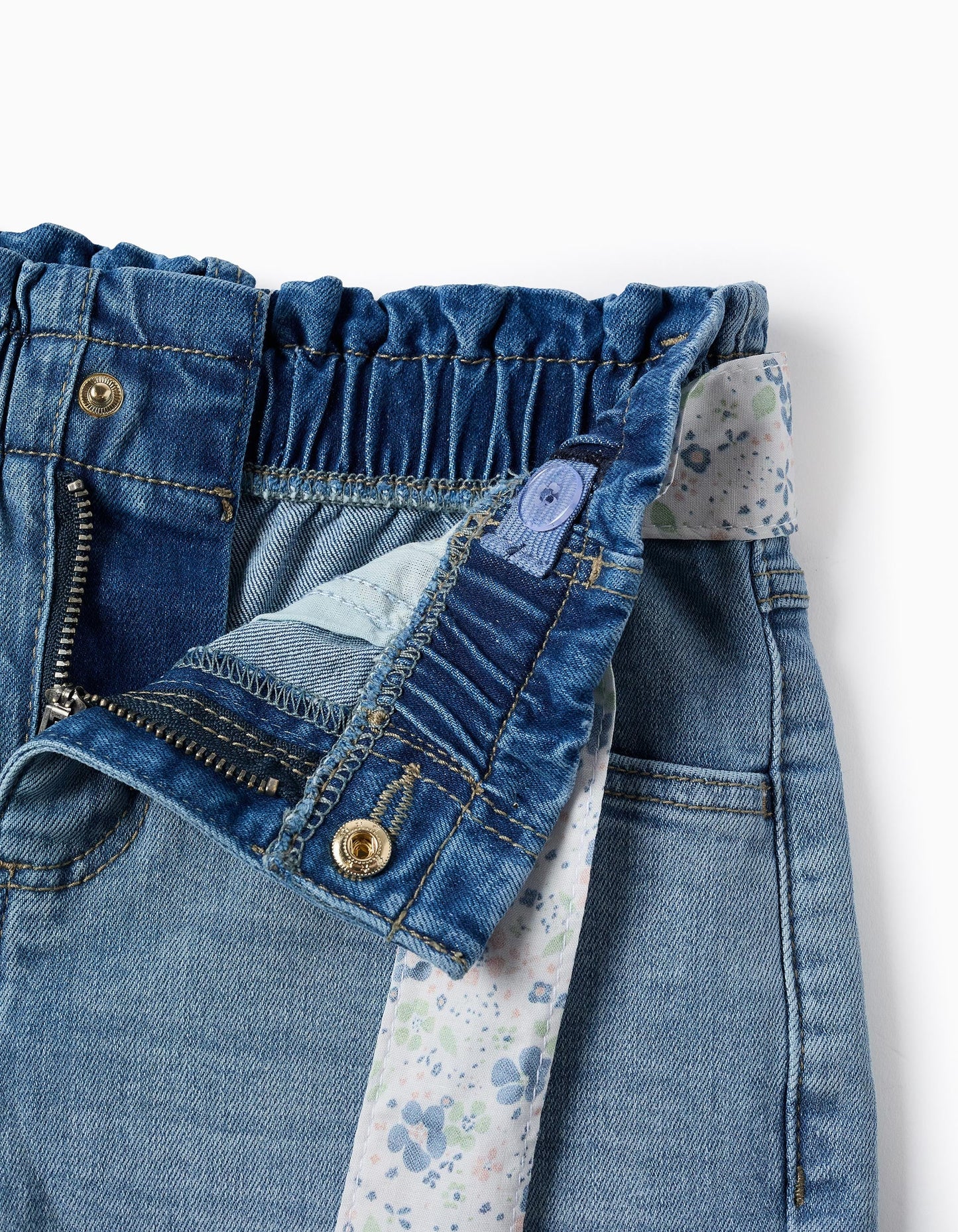 Denim Shorts with Floral Belt for Girls, Blue