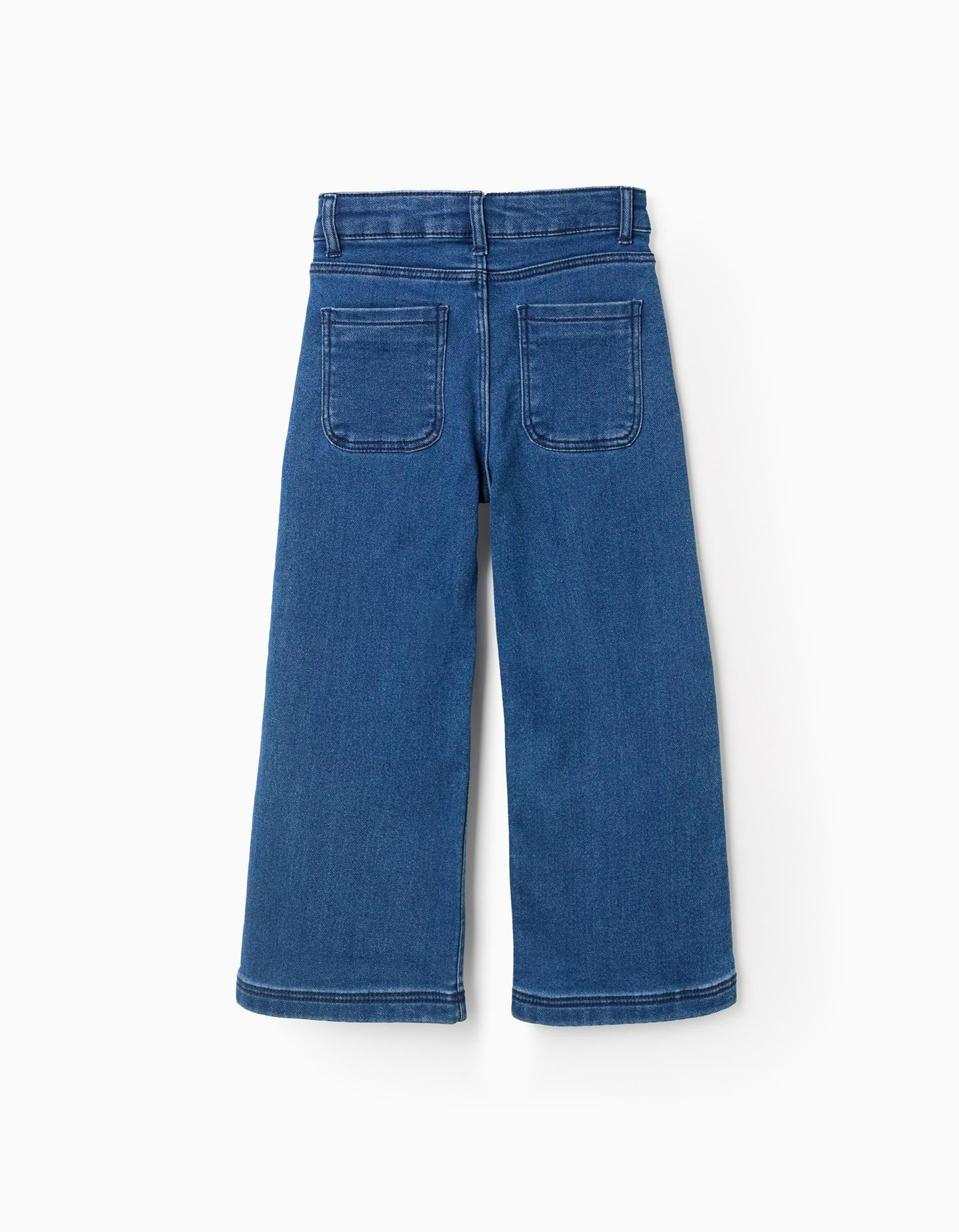 Wide Leg Denim Trousers with Silver Buttons for Girls, Blue