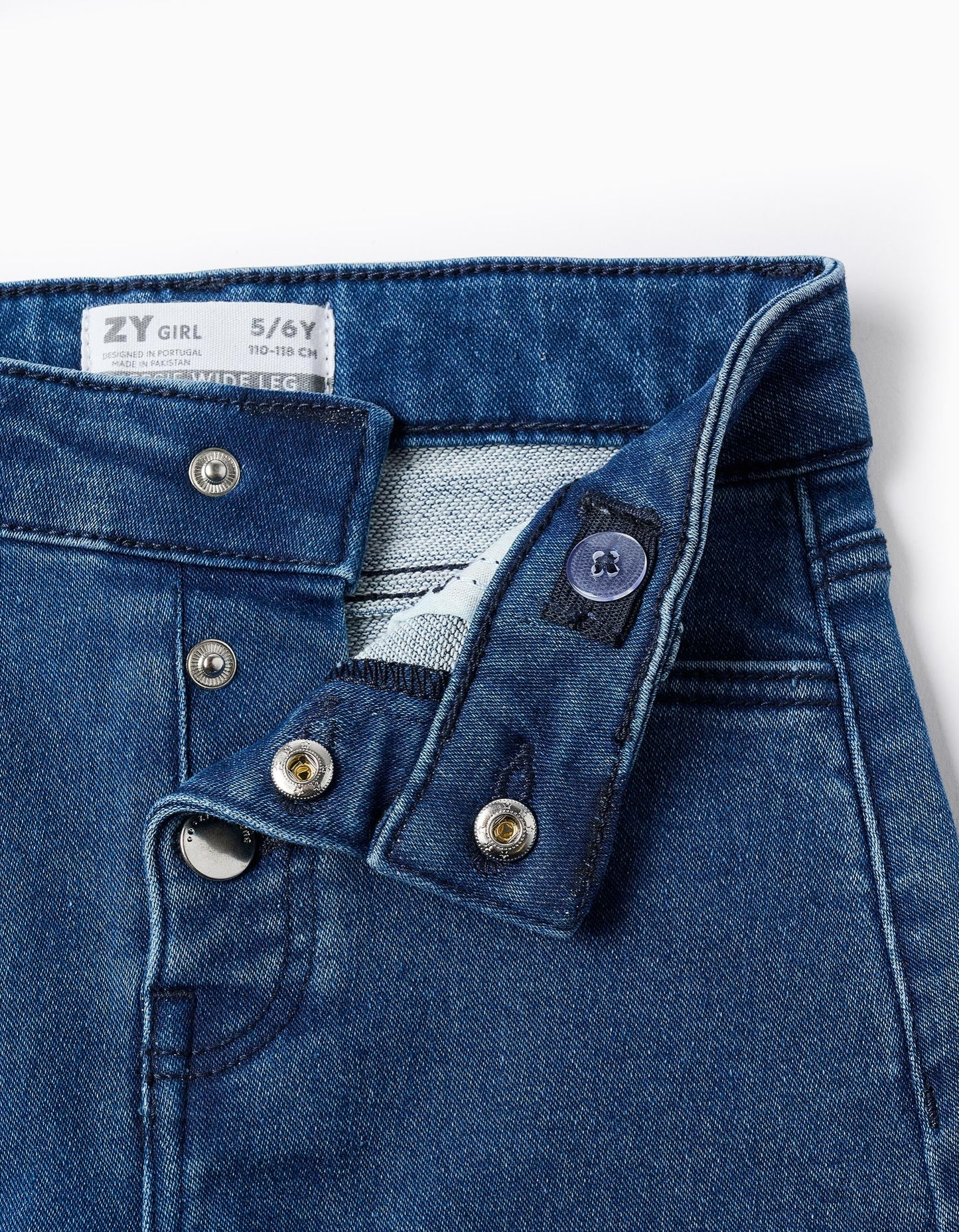 Wide Leg Denim Trousers with Silver Buttons for Girls, Blue