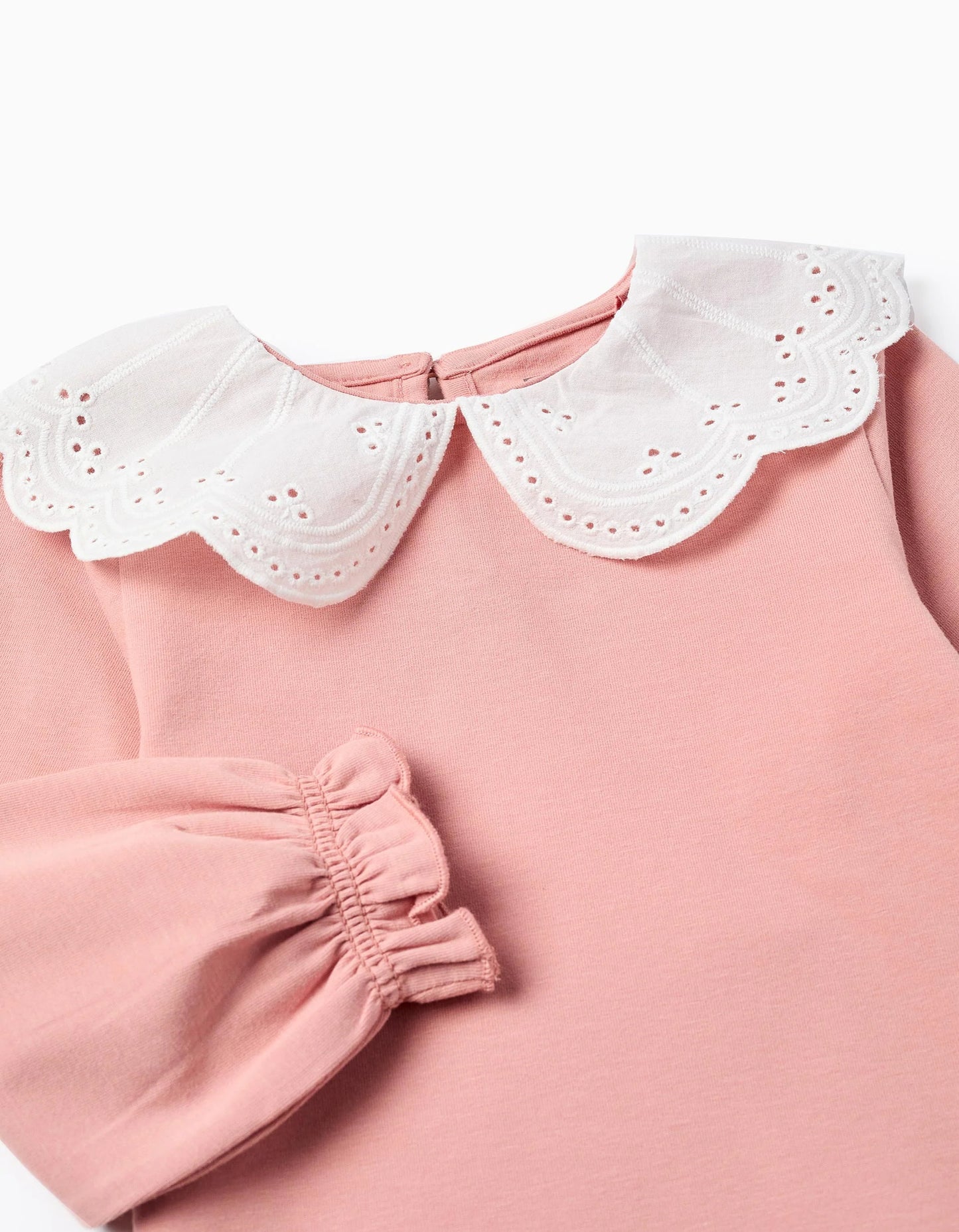 T-shirt with Broderie Anglaise Collar and Ruffles for Baby Girls, Pink