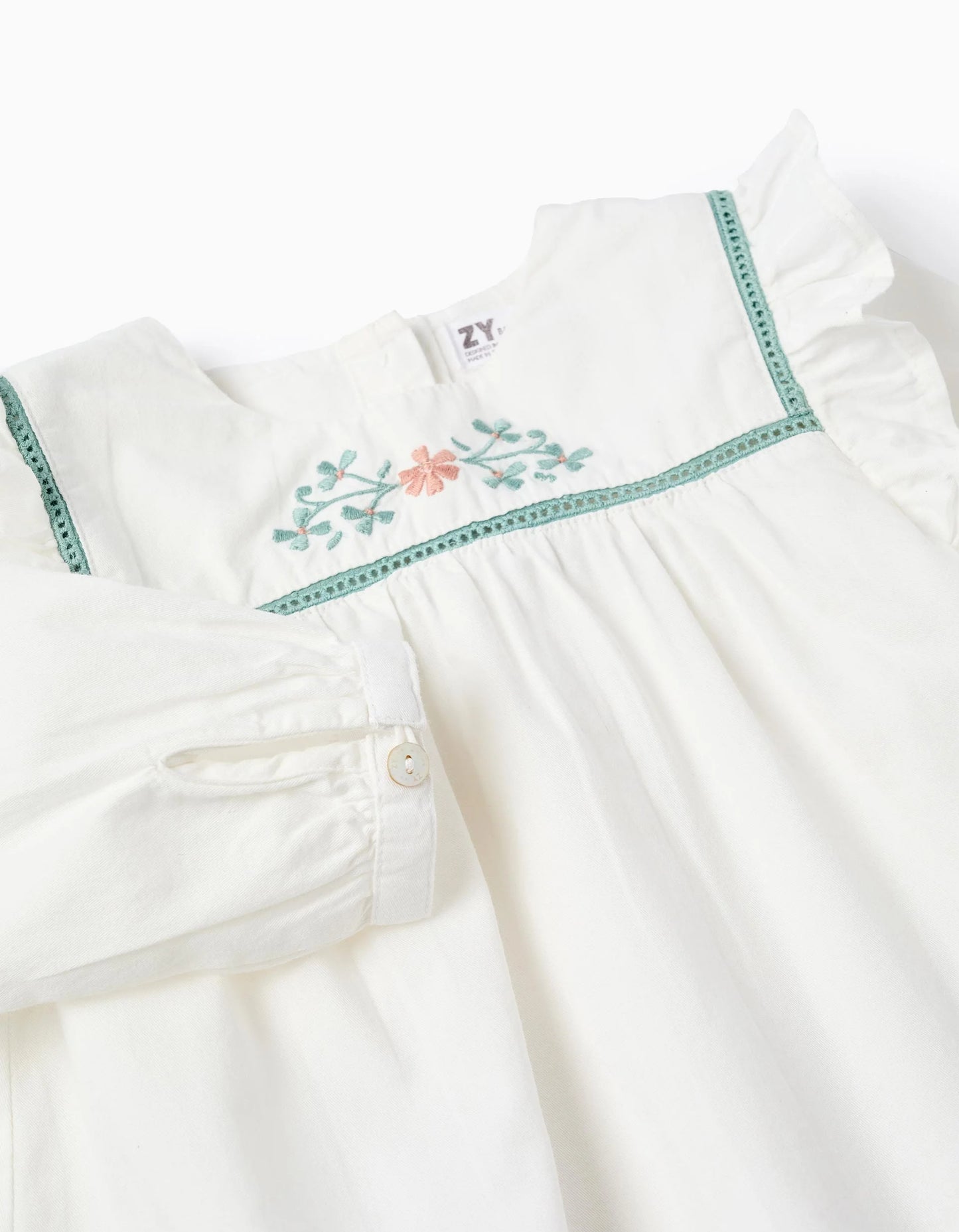 Flower Embroidered Twill Shirt for Baby Girls, White