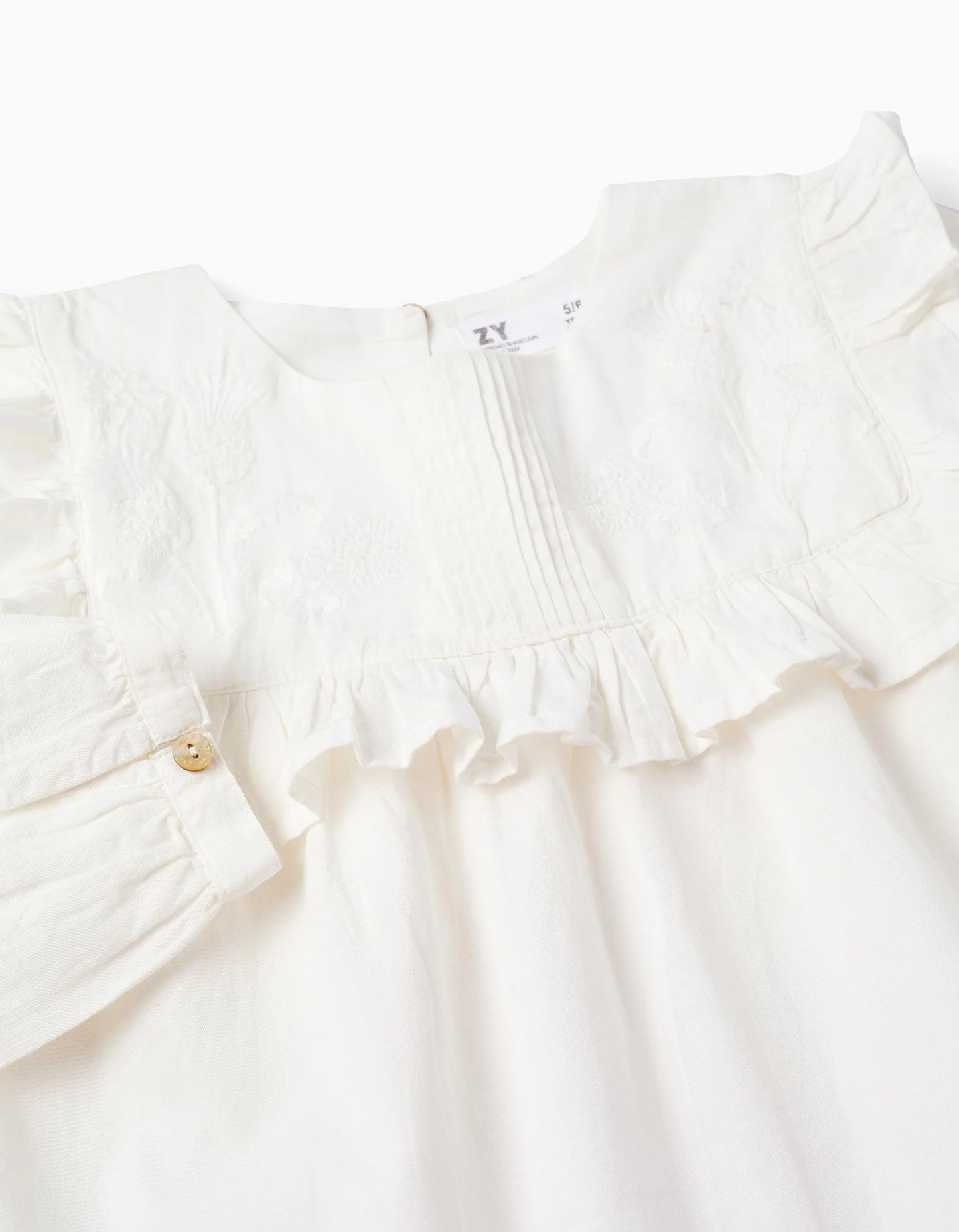 Cotton Blouse with Ruffles and Embroidery for Girls, White