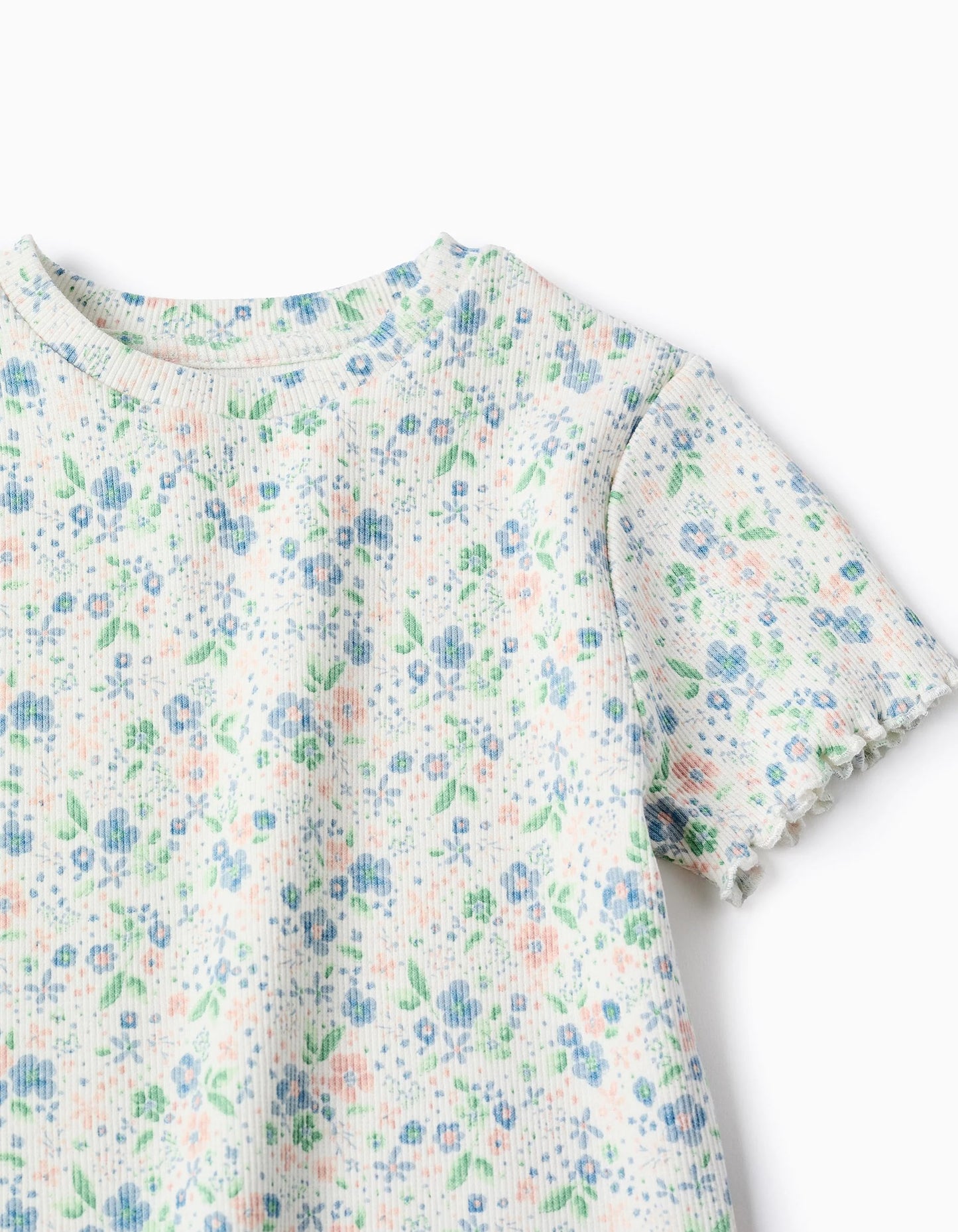 Floral Ribbed T-shirt for Girls, White/Pink/Blue/Green