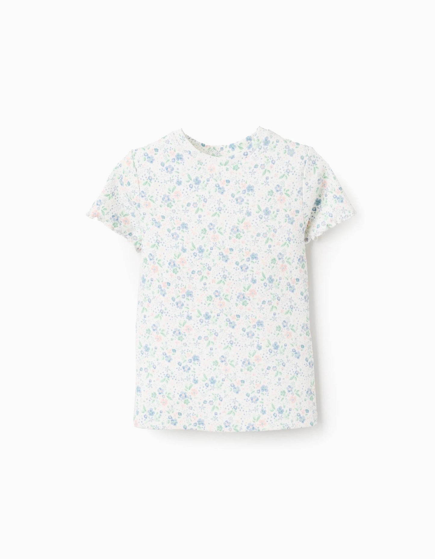 Floral Ribbed T-shirt for Girls, White/Pink/Blue/Green