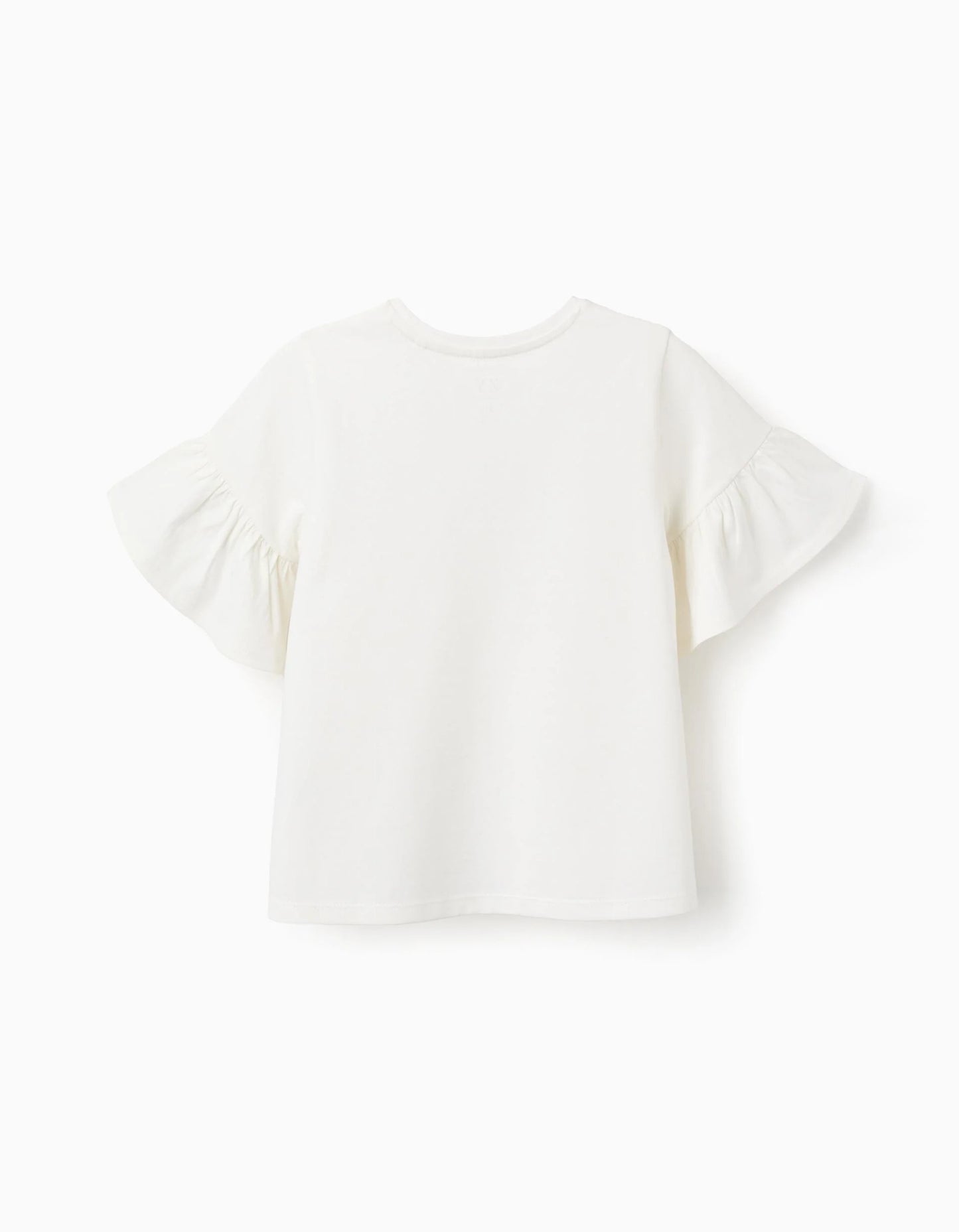 Cotton T-shirt with Ruffle Sleeves for Girls 'Happy', White