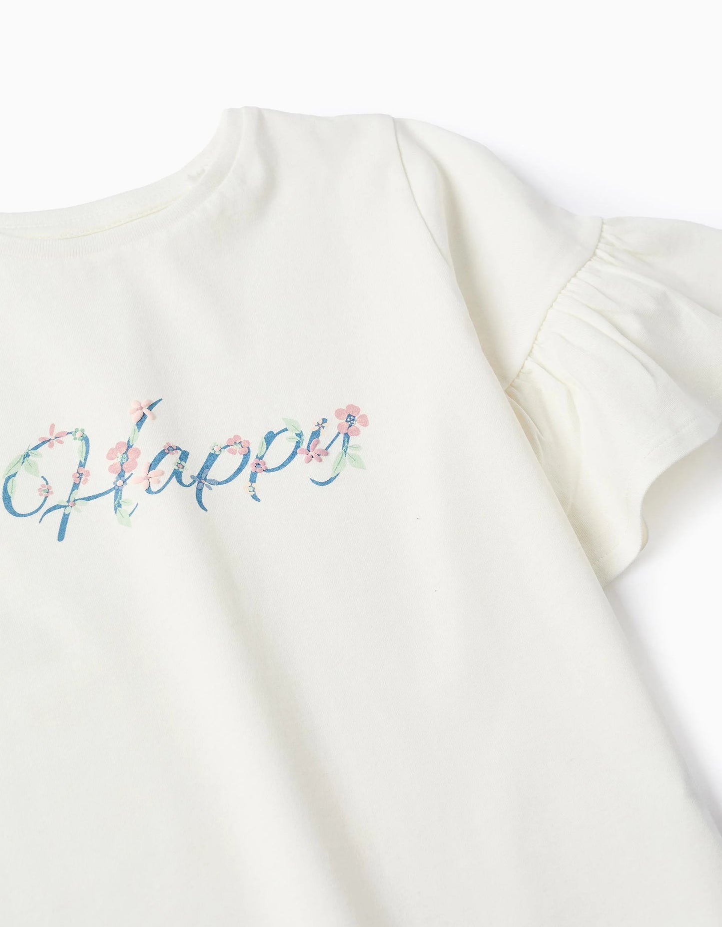 Cotton T-shirt with Ruffle Sleeves for Girls 'Happy', White