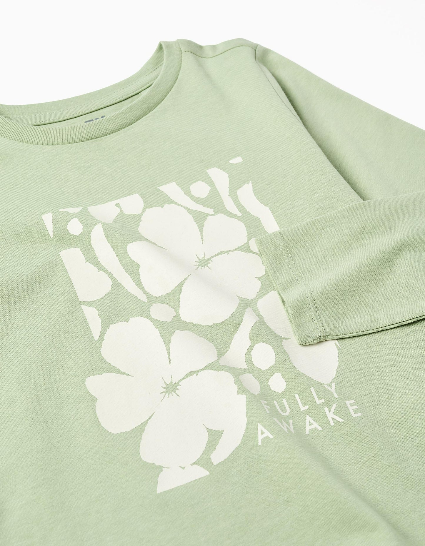 Long sleeve cotton T-shirt with 'Fully Awake' print for girls, light green