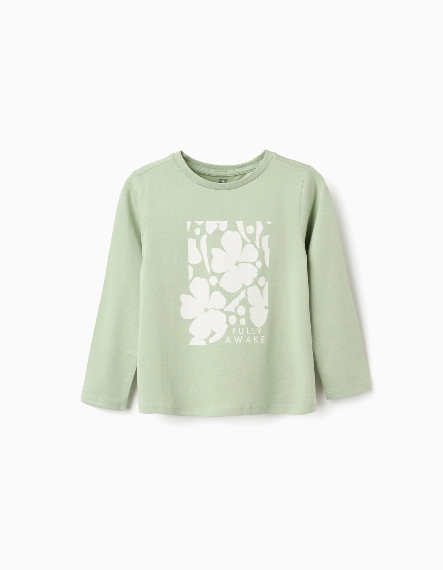 Long sleeve cotton T-shirt with 'Fully Awake' print for girls, light green