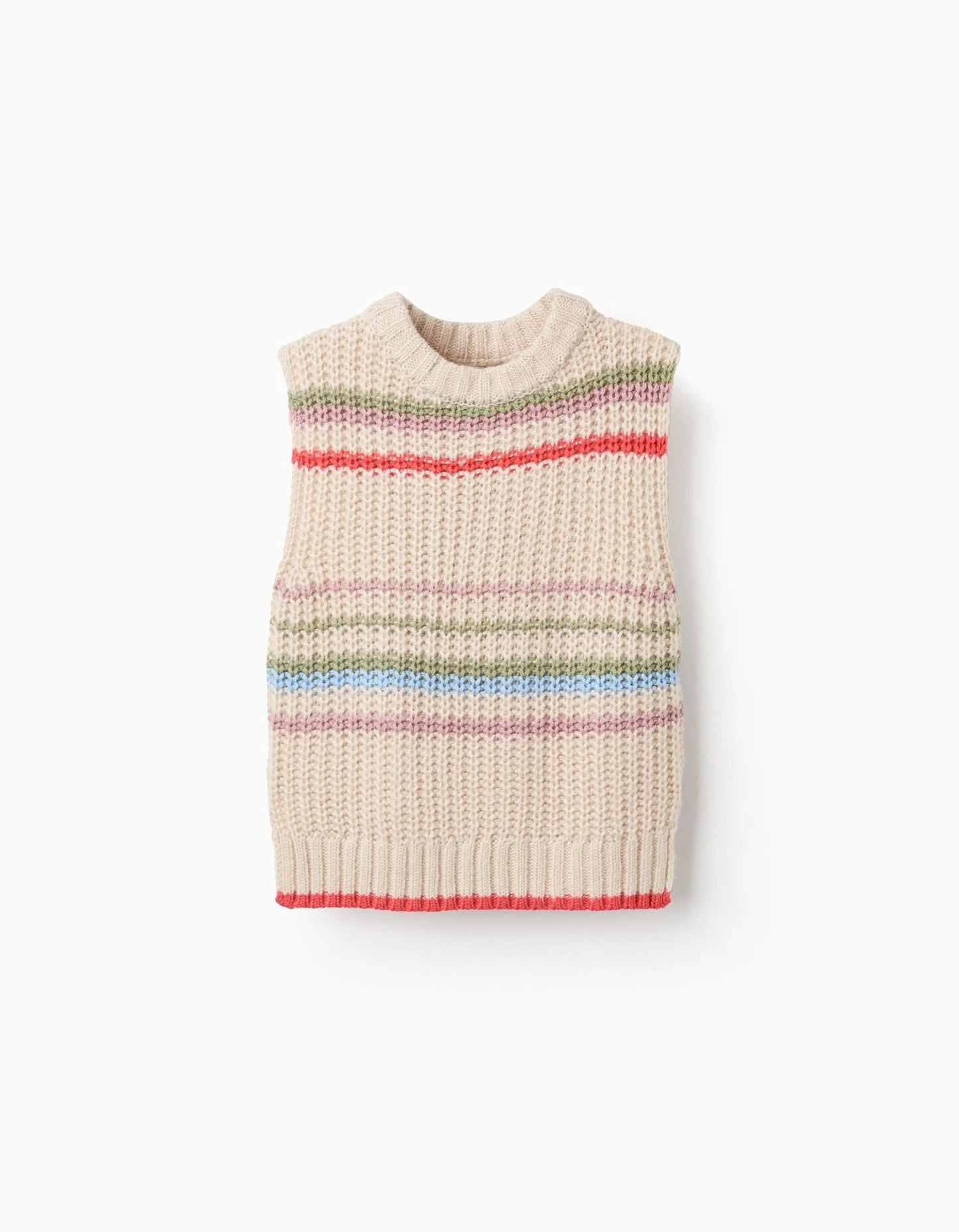 Knitted Waistcoat with Colourful Stripes for Girls, Beige