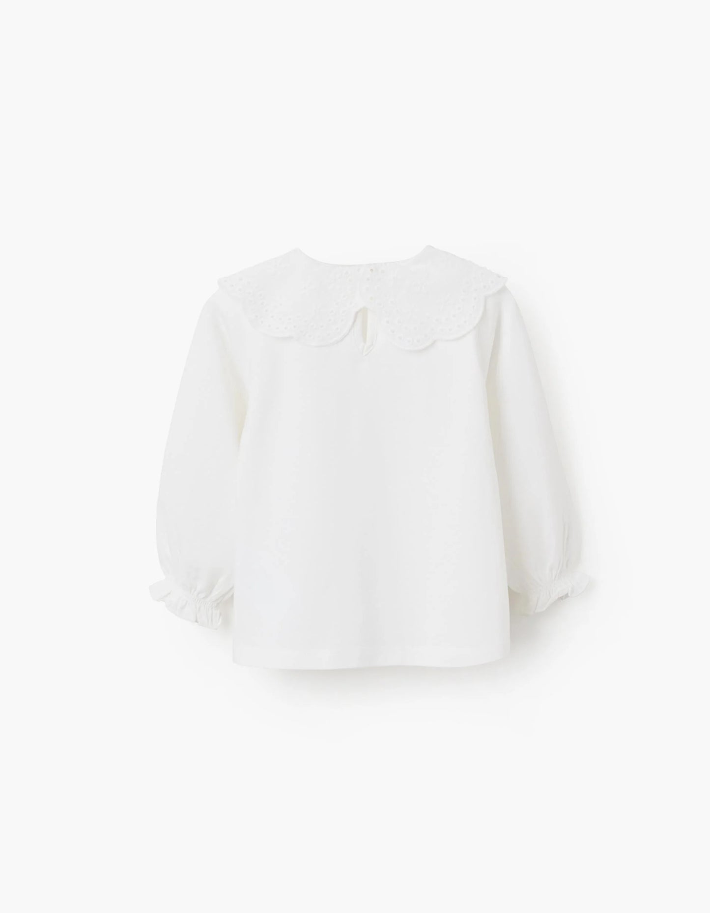 T-shirt with Broderie Anglaise Collar for Baby Girls, White