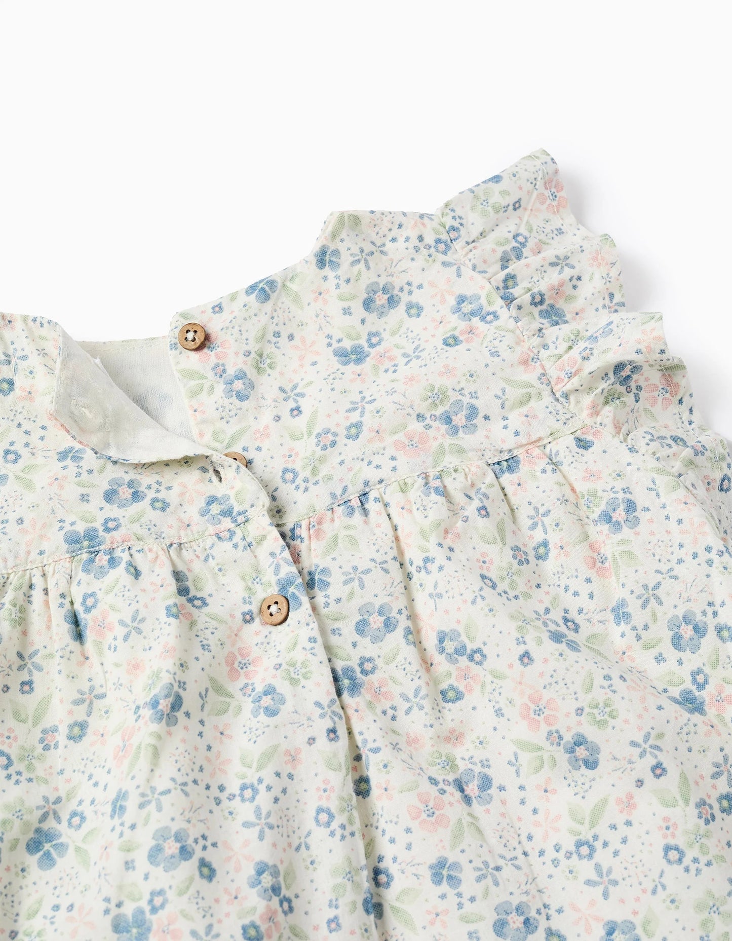Floral Cotton Blouse with Ruffles for Girls, White/Blue/Pink/Green