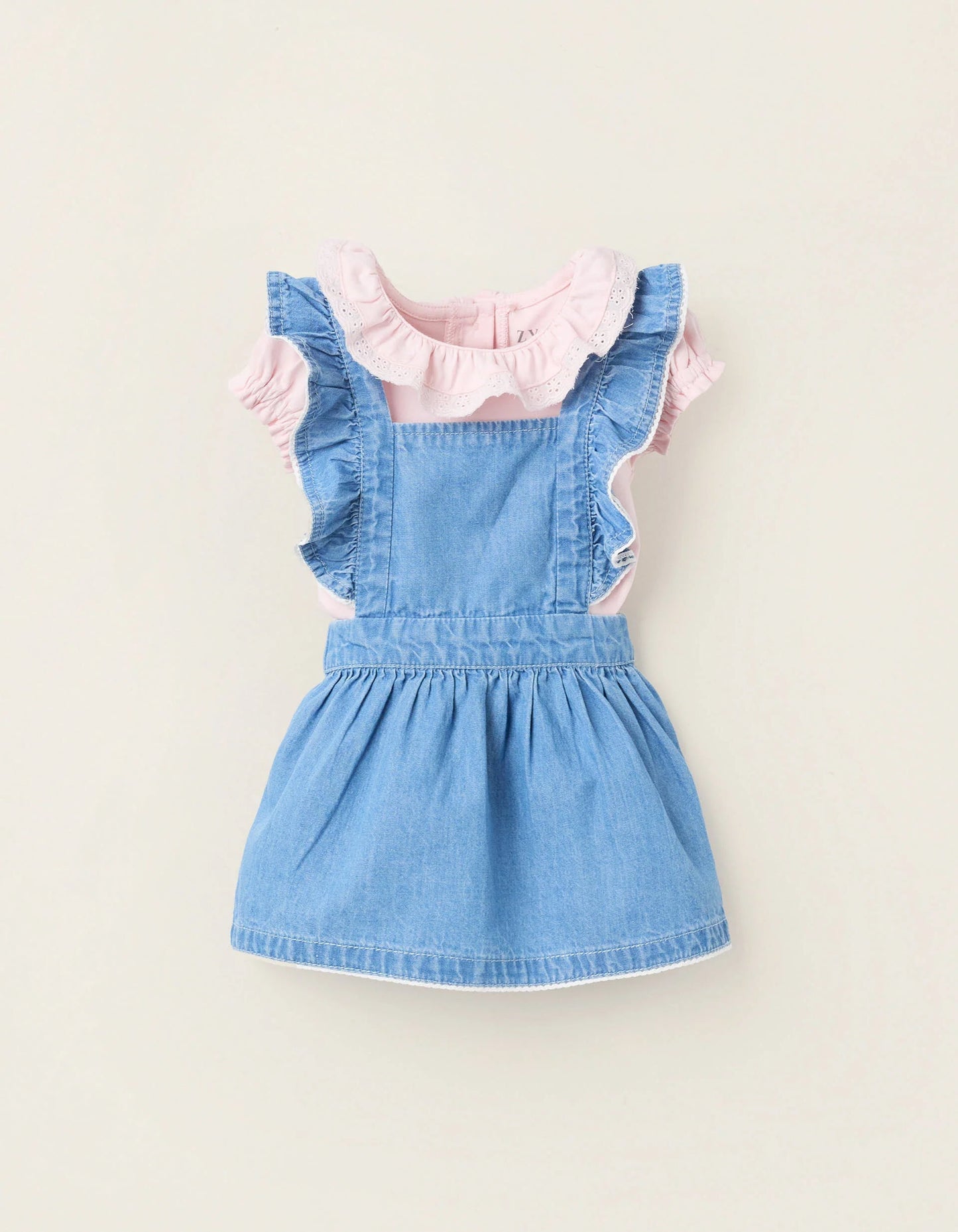 Body + Pinafore Dress with Frills for Newborn Girls, Pink/Blue