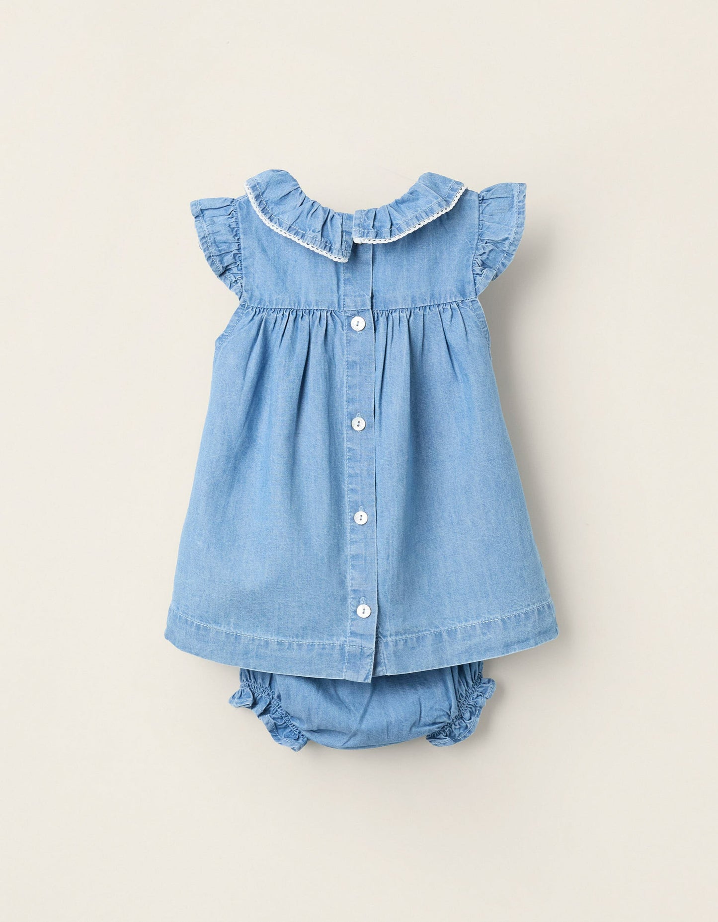 Dress + Bloomers in Denim with Ruffles for Newborn Girls, Blue