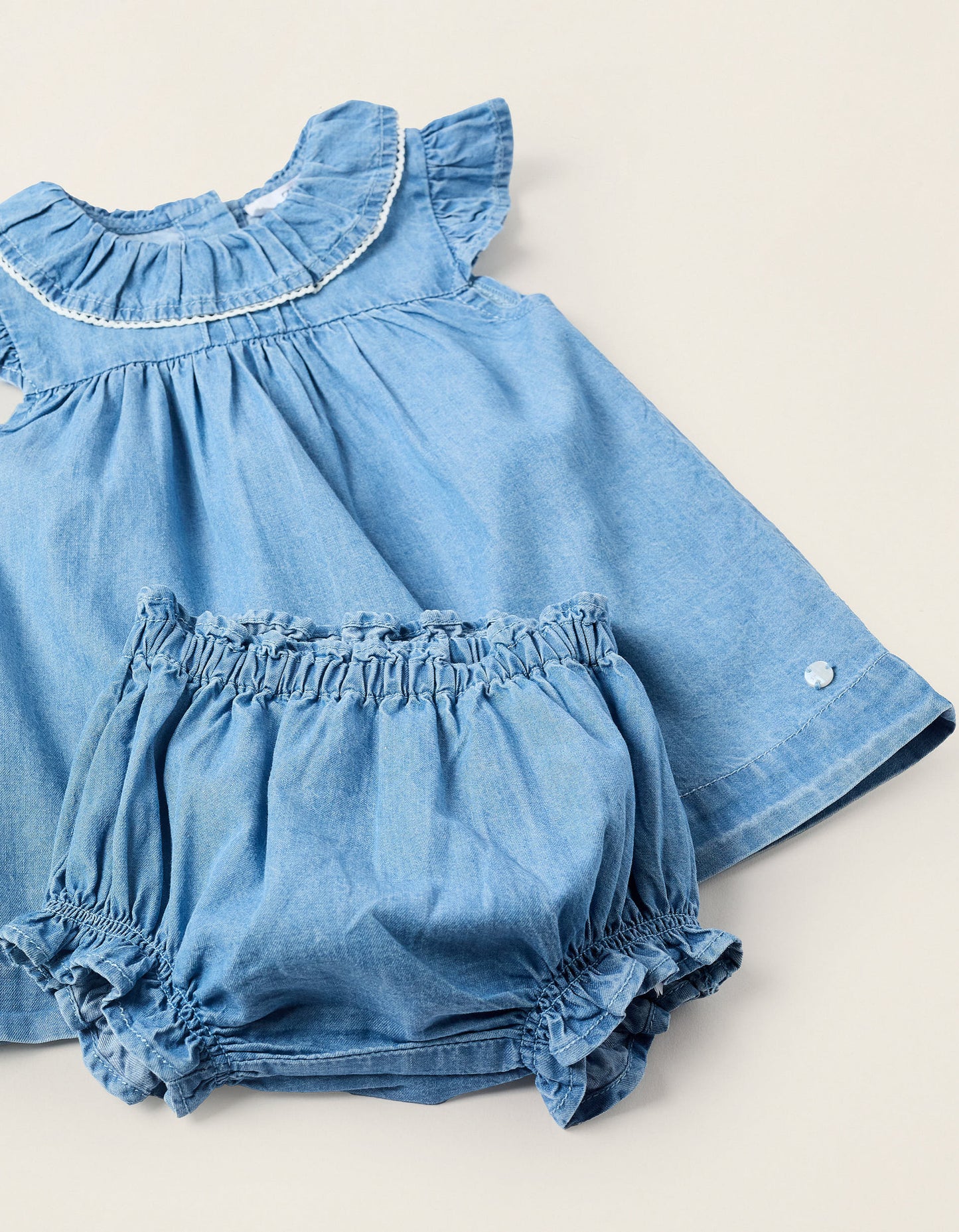 Dress + Bloomers in Denim with Ruffles for Newborn Girls, Blue
