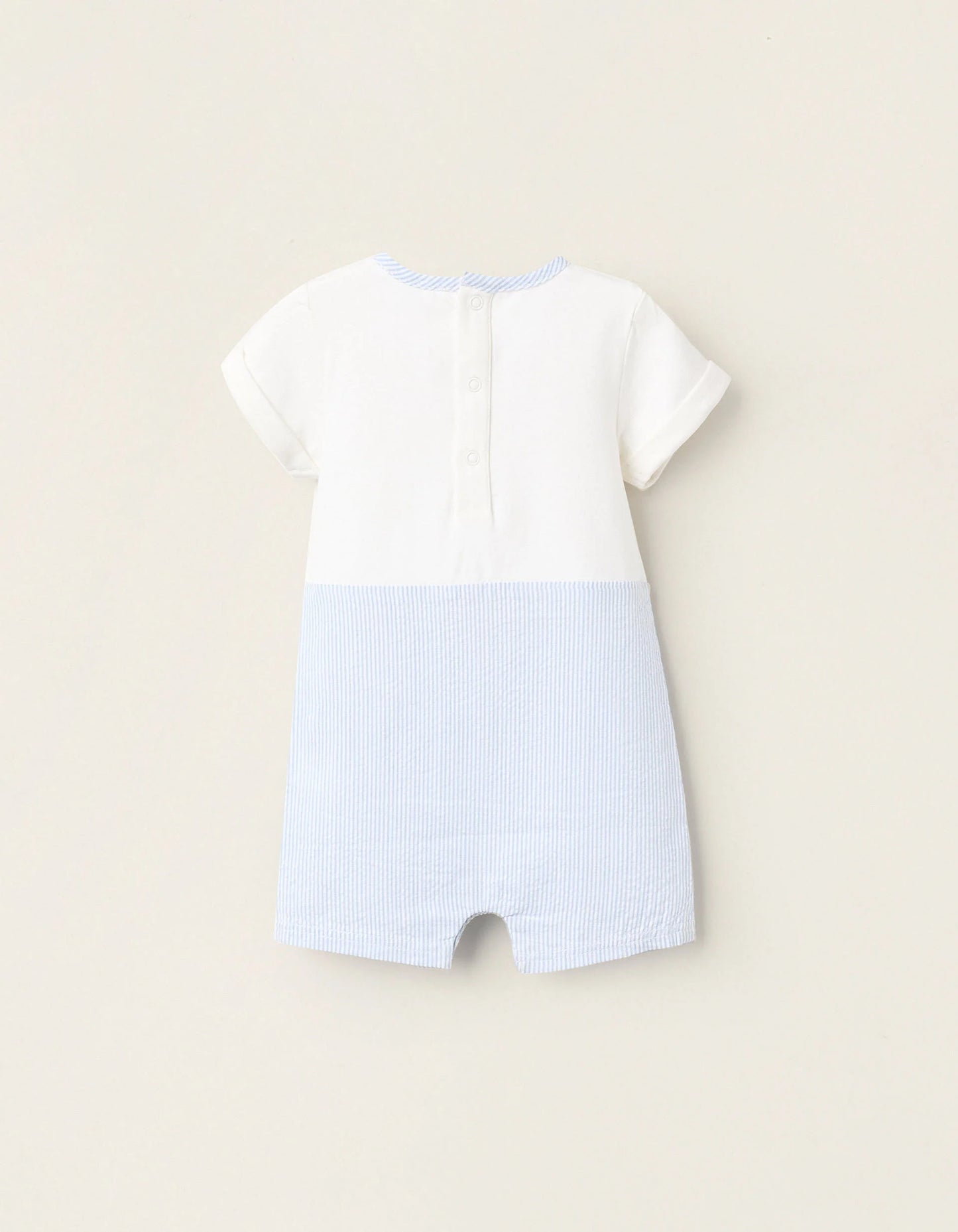Striped Dual-Fabric Romper for Newborns, White/Blue