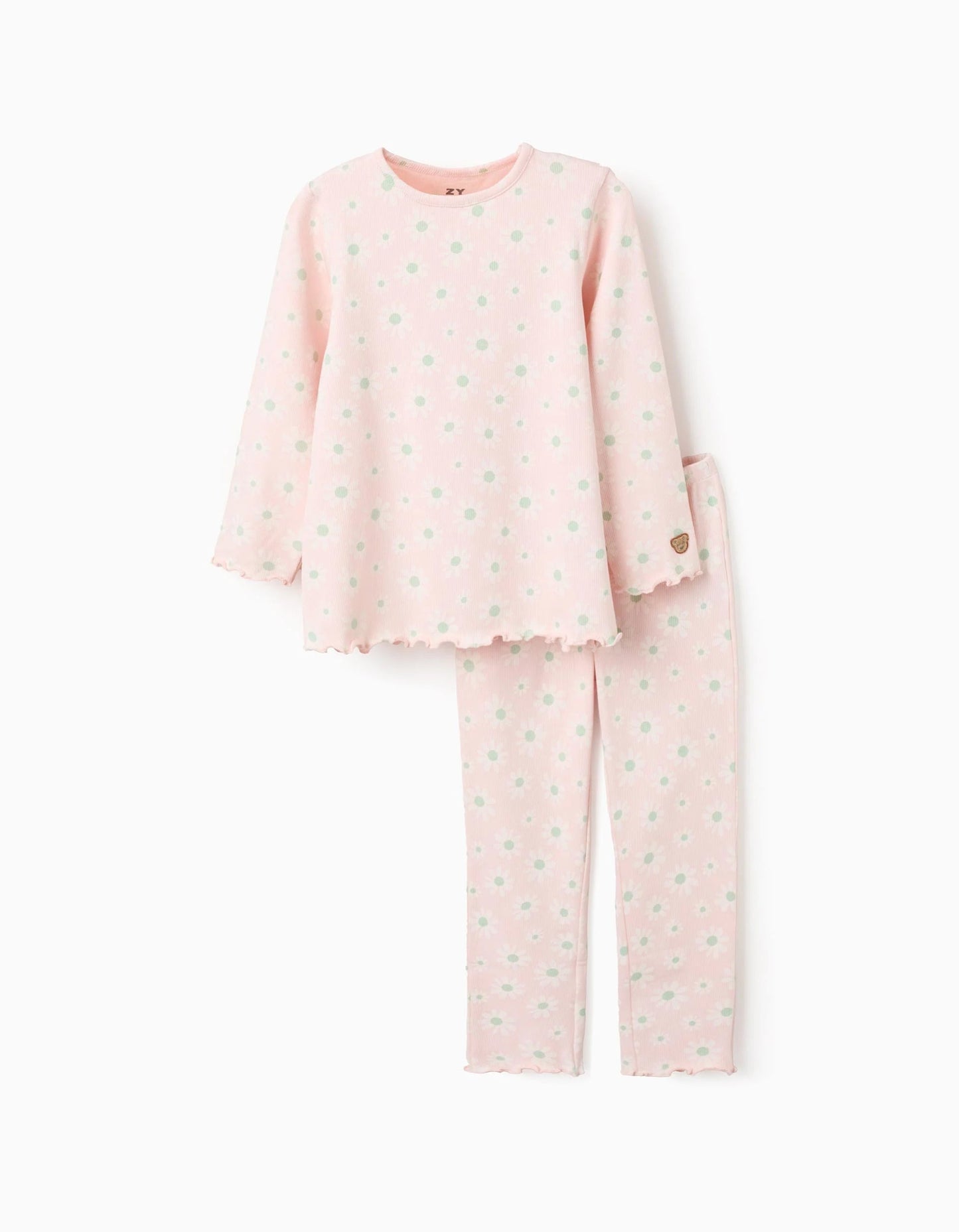 Ribbed Pyjama with Floral Pattern for Girls, Pink/White/Green