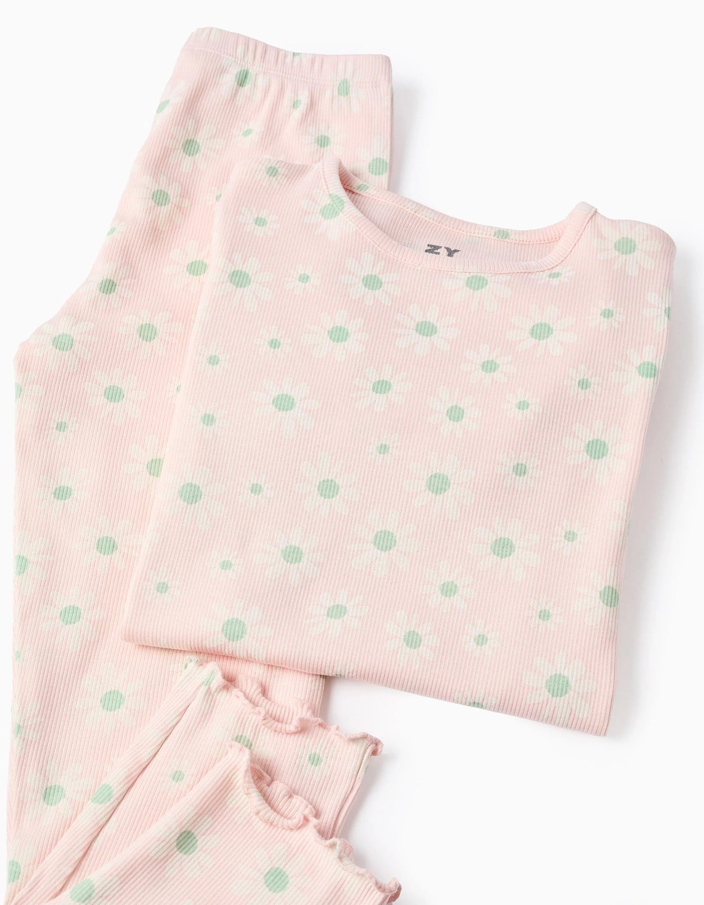 Ribbed Pyjama with Floral Pattern for Girls, Pink/White/Green