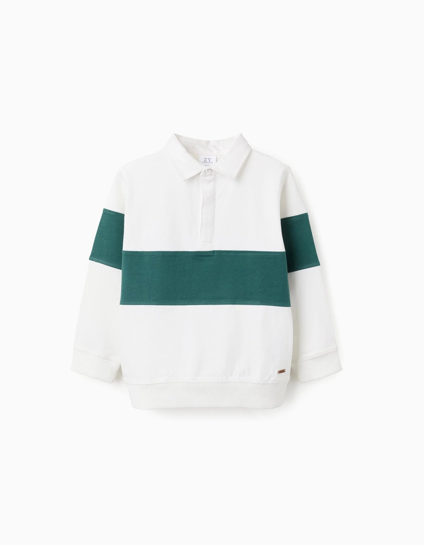 Cotton Polo Sweatshirt for Boys, White/Green